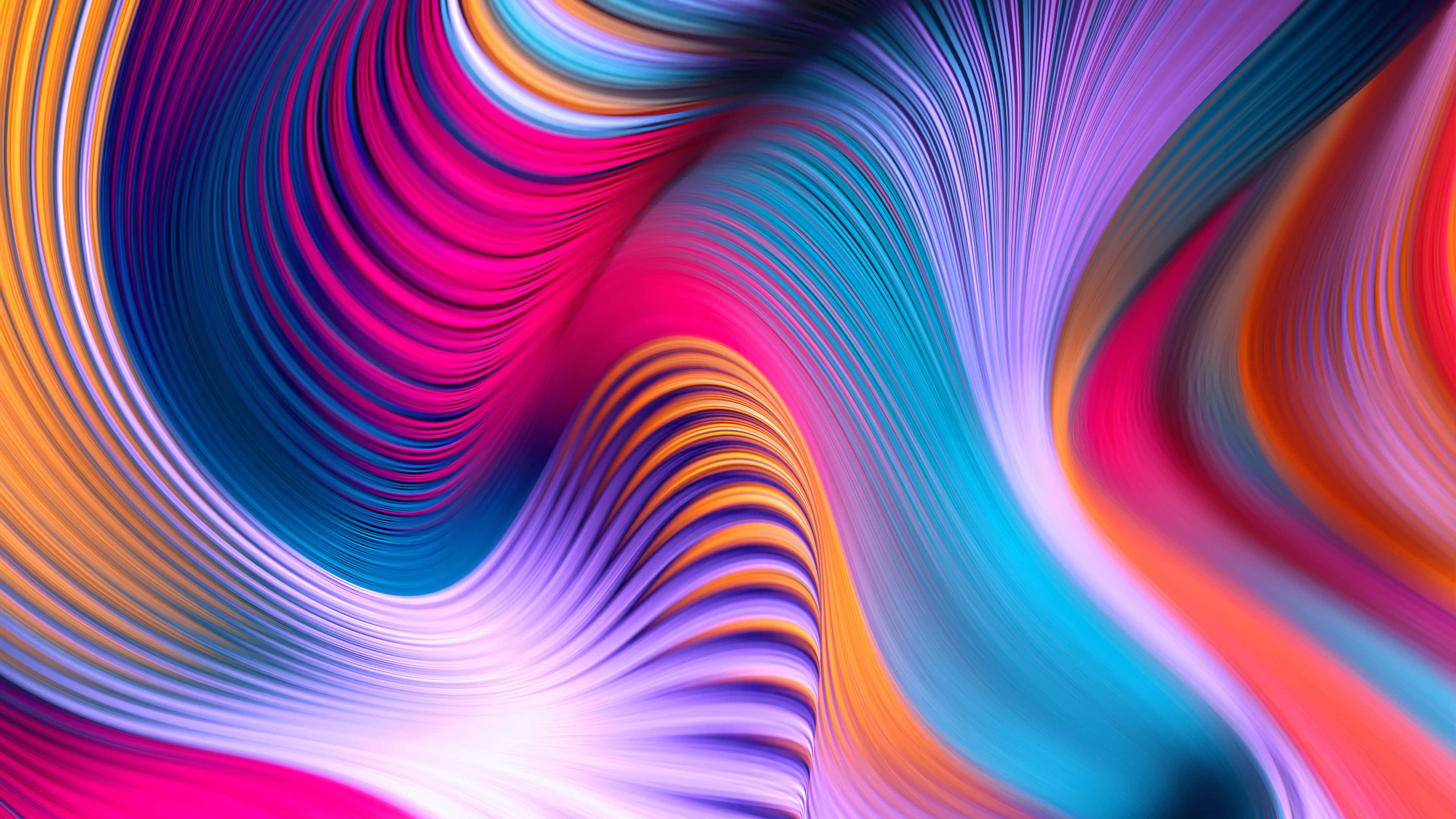Colorful Abstract Art 桌布 壁紙 — 充滿活力的旋轉彩色絲帶在框架上動態流動，形成迷人的數位抽象圖案。