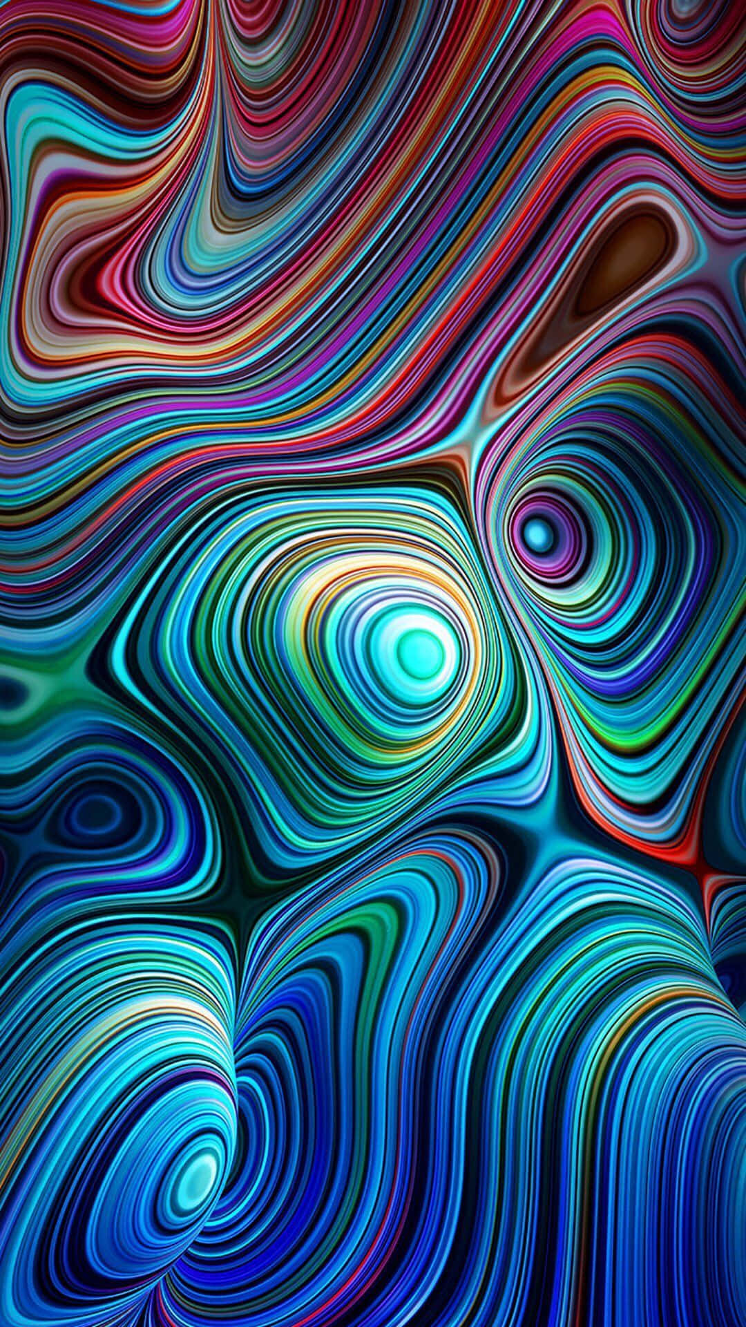 Colorful Phone 桌布 壁紙 — 充滿活力的旋轉彩色絲帶在畫布上形成催眠般的同心圖案流動。
