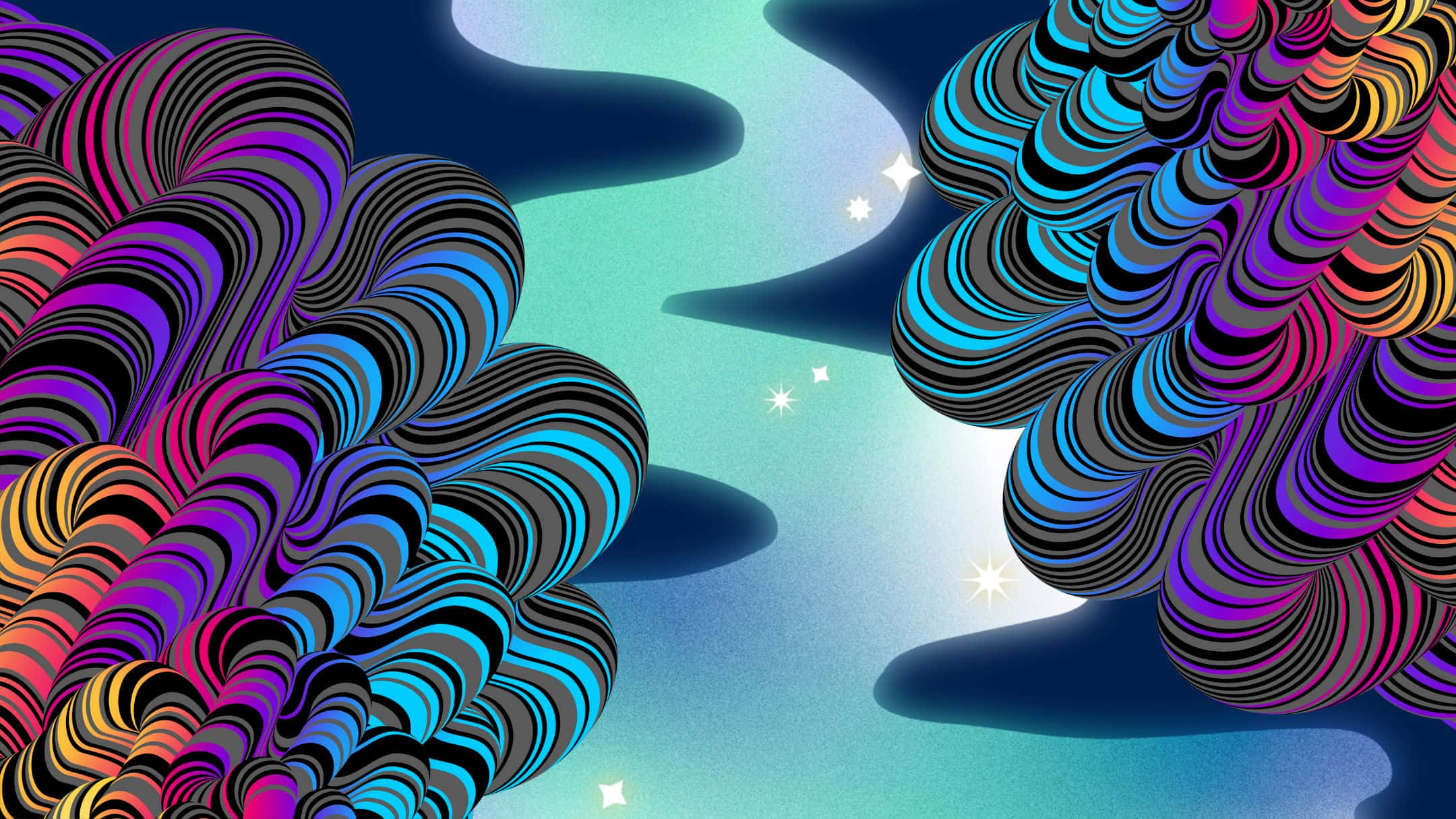 酷 桌布 壁紙 — 充滿活力的旋轉彩色絲帶漂浮在點綴著閃爍星星的宇宙虛空中。