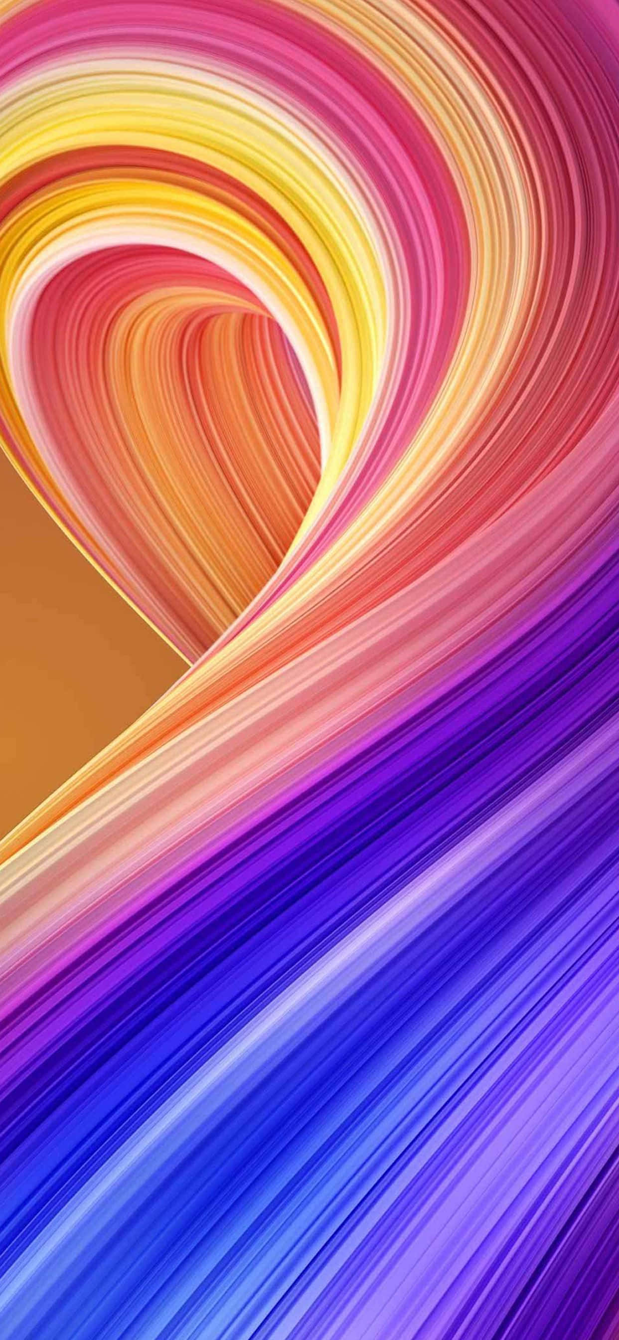 Apple iPhone Xs Max 桌布 壁紙 — 充滿活力的旋轉彩虹條紋在溫暖的漸變背景上形成動態的心形。