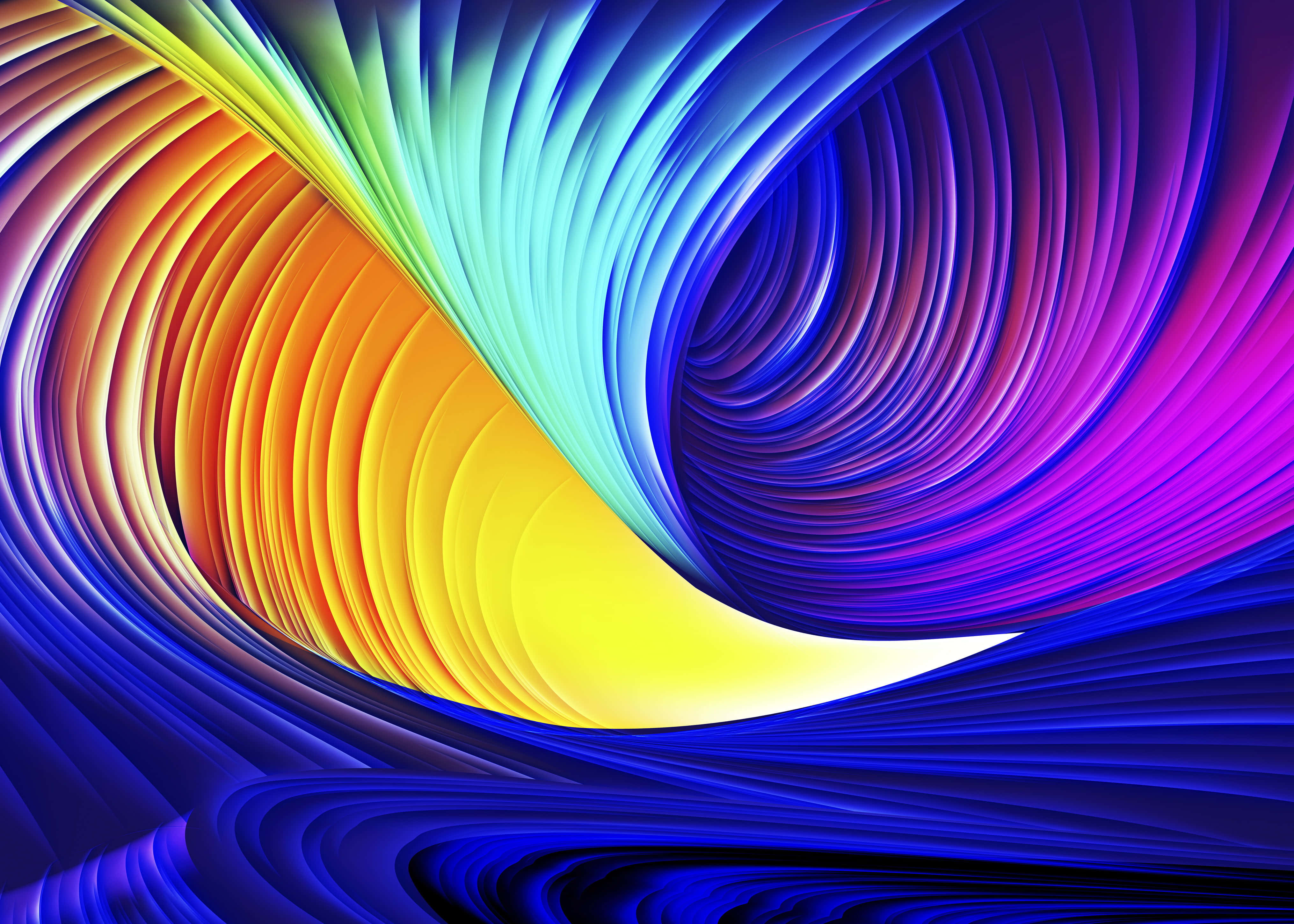 Neon Colors 桌布 壁紙 — 充滿活力的旋轉彩虹波浪以大膽飽和的色調在數位畫布上動態彎曲。