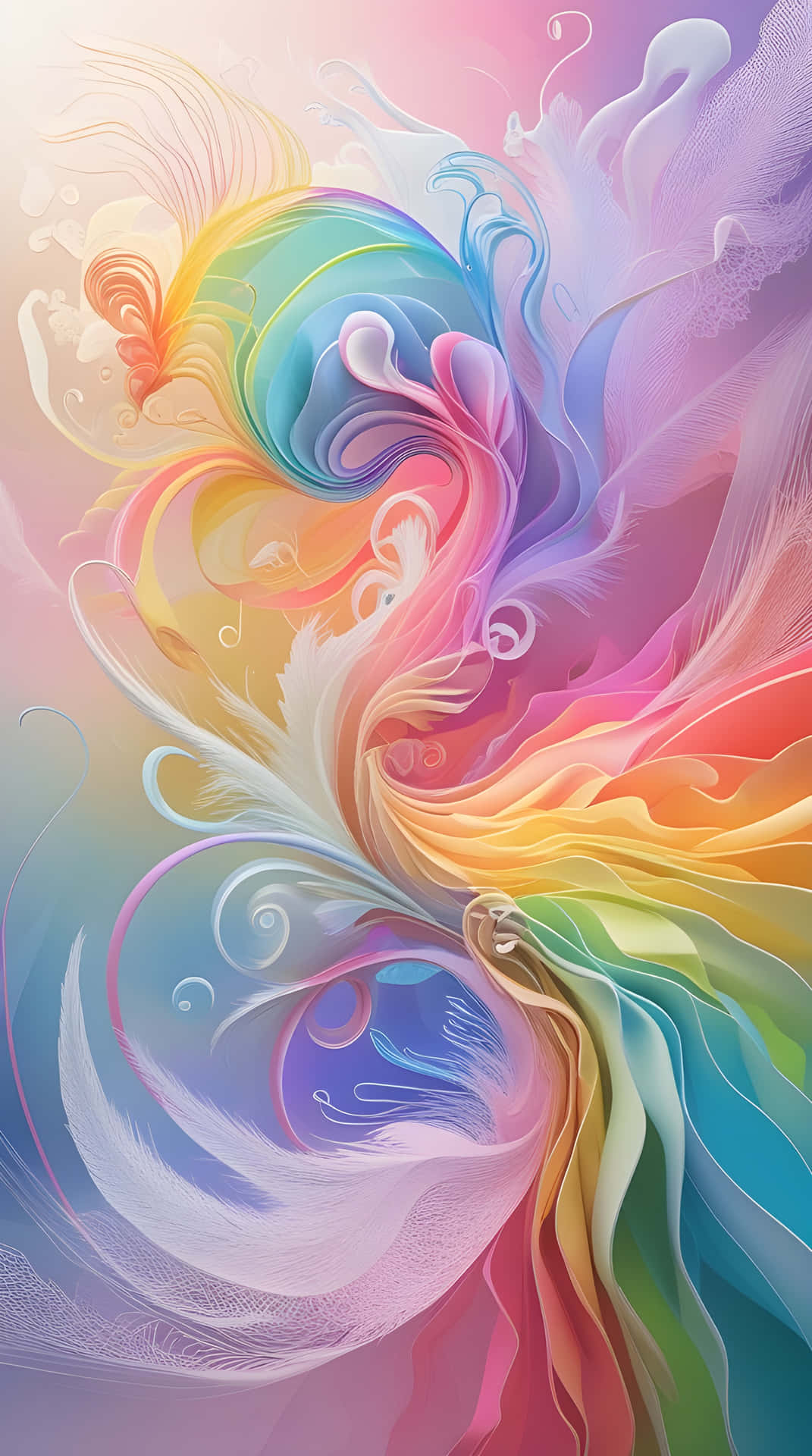Abstract background wallpaper 壁紙 — 充滿活力的旋轉彩虹羽毛在柔和的漸變粉彩背景上動態流動。