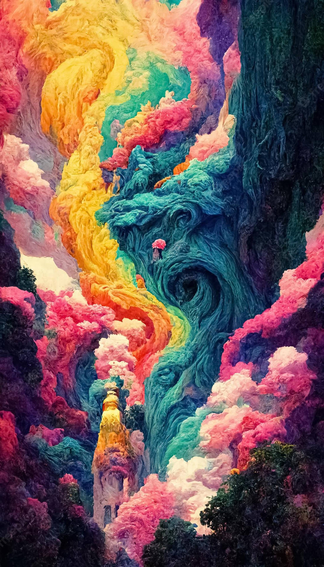 超現實的峽谷，帶有旋轉的彩虹雲層和發光的塔。 — 迷幻動圖 壁紙
