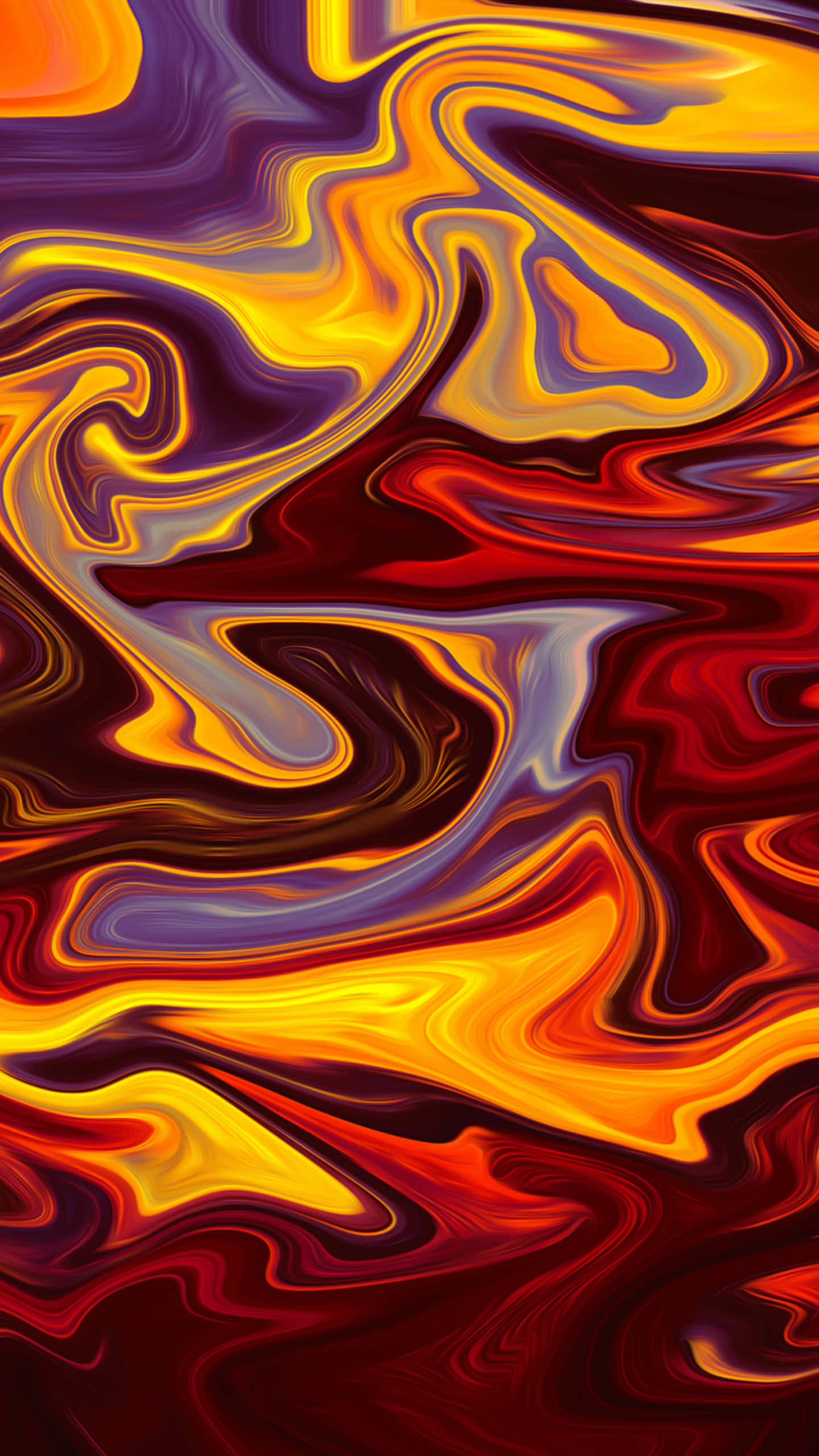 Red And Gold 桌布 壁紙 — 充滿活力的旋轉抽象圖案，由火熱的橙色、黃色、紅色和深紫色構成，營造出動態的流體運動。