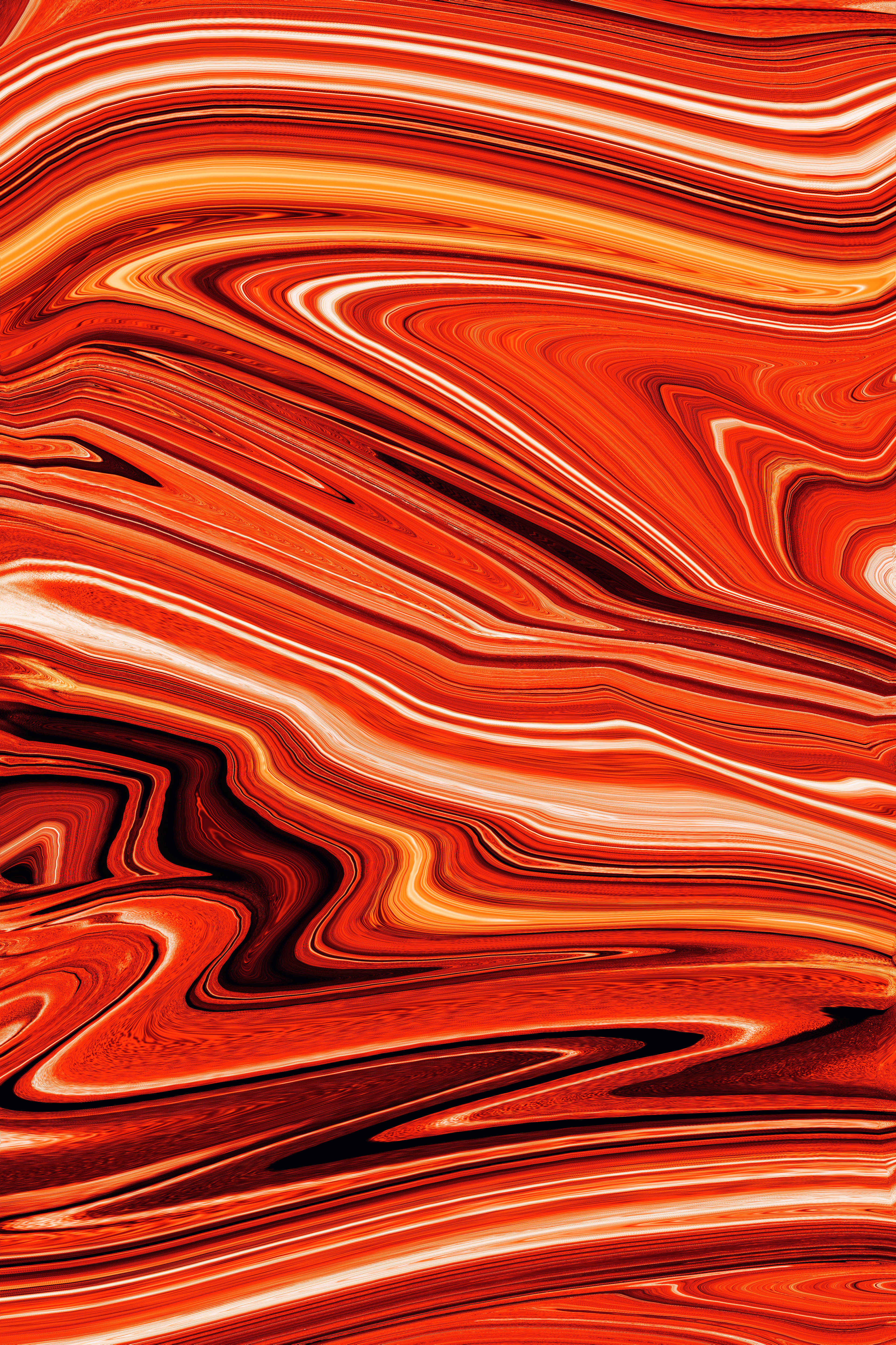 Aesthetic Trippy 桌布 壁紙 — 充滿活力的旋轉抽象圖案，由火紅、橙色和深黑色組成，營造出動態流體運動效果。