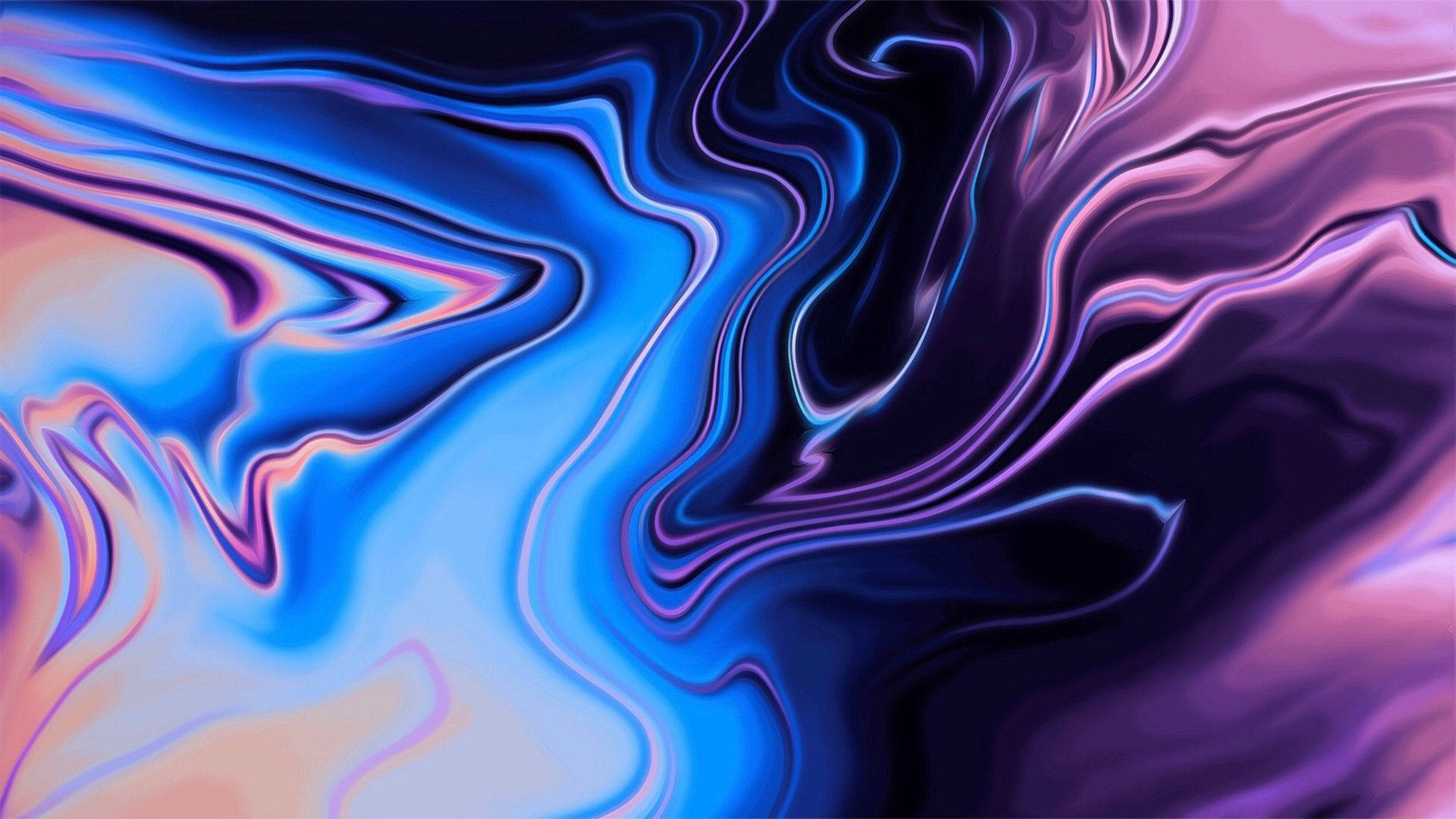 macbook pro 桌布 壁紙 — 充滿活力的旋轉抽象圖案，由電光藍、紫色和柔和桃色漸變組成，像液體光一樣流動。