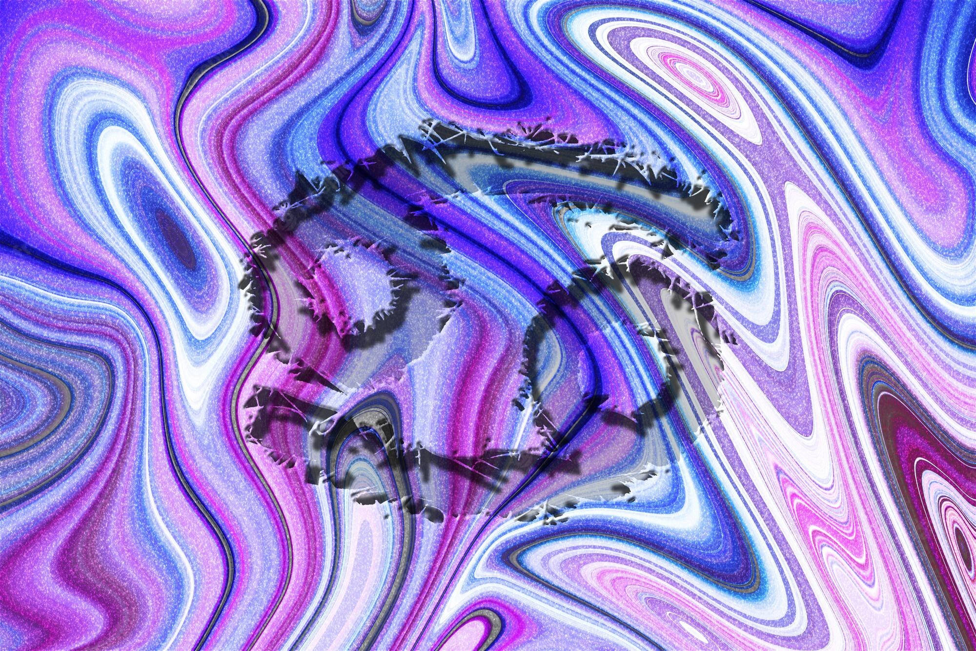 Cancer Aesthetic 桌布 壁紙 — 充滿活力的旋轉抽象圖案，紫色、藍色和白色，帶有鋸齒狀的深色核心。