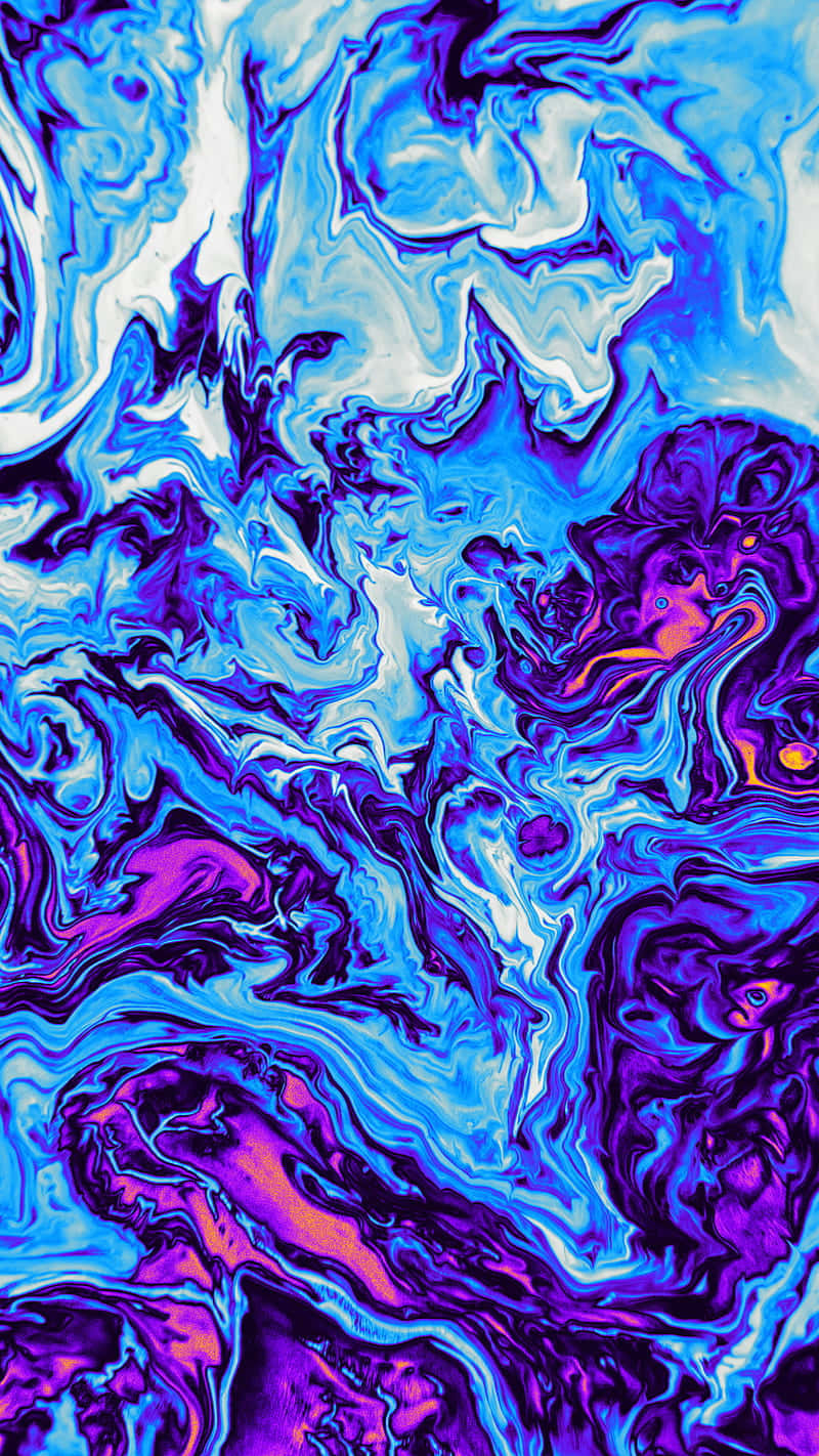 Trippy Blue 桌布 壁紙 — 充滿活力的旋轉抽象圖案，電光藍、紫和白色，帶有霓虹橙色點綴。
