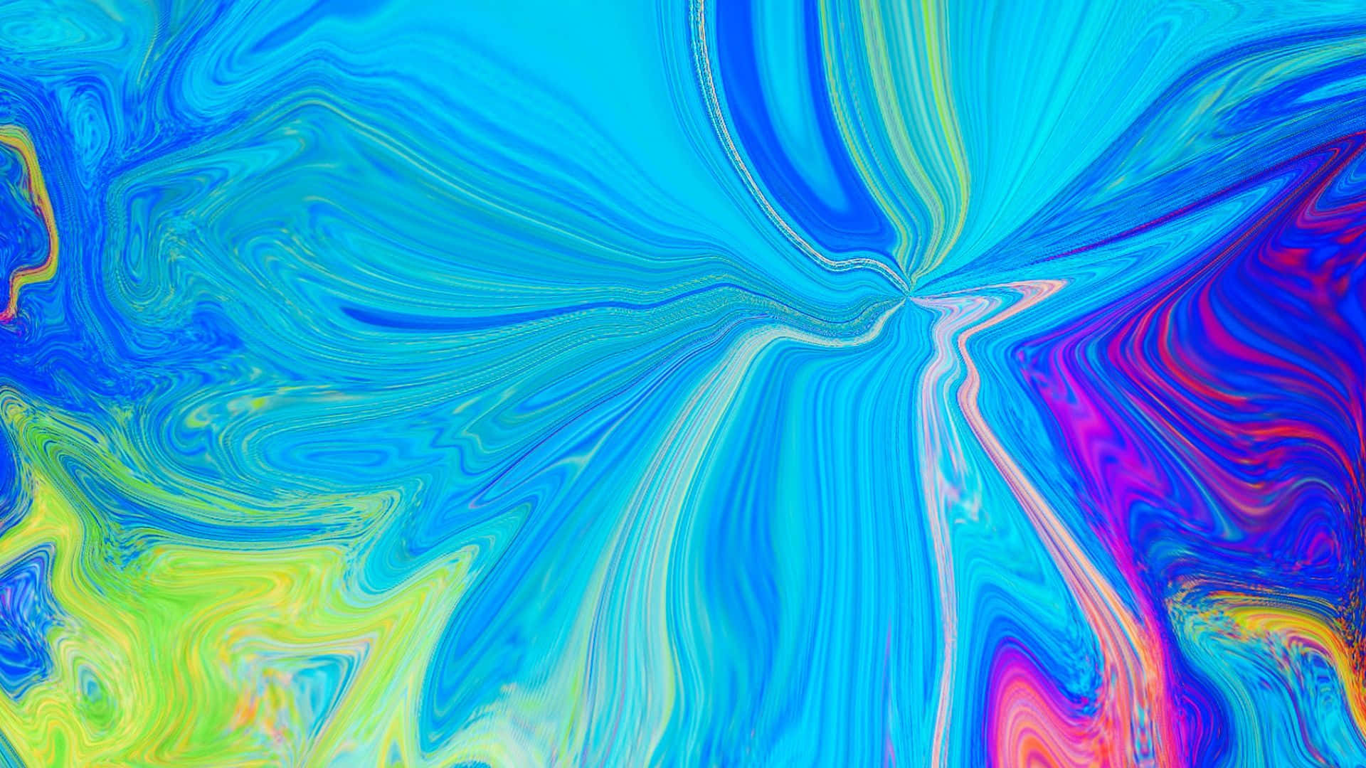 1920x1080 Marble 桌布 壁紙 — 充滿活力的旋轉抽象圖案，電光藍、綠、黃和紫色在畫布上動態流動。
