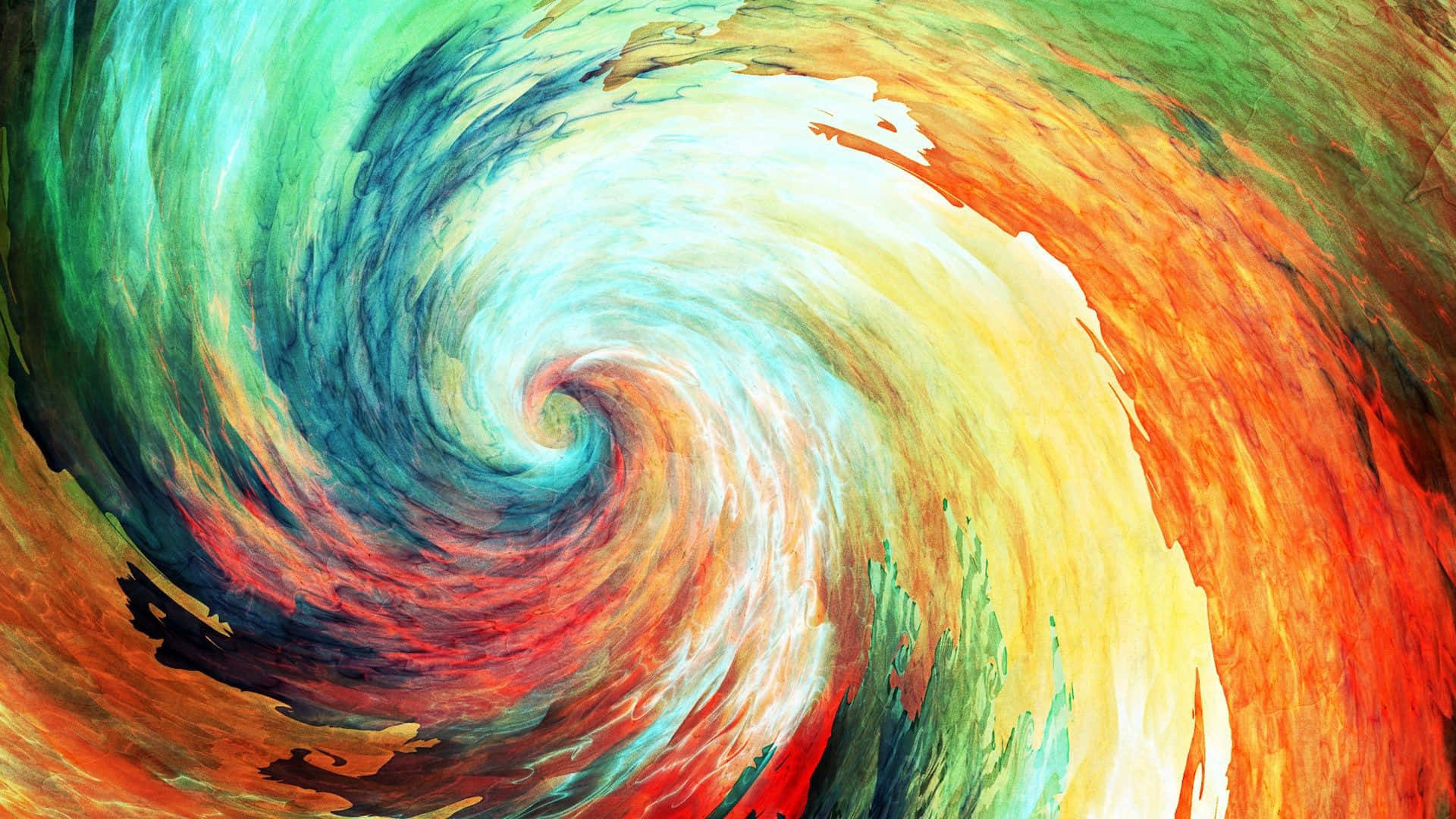 paint 桌布 壁紙 — 充滿活力的旋轉抽象畫，大膽的筆觸將火熱的橙色、藍綠色和奶油白色融合在動態漩渦中。