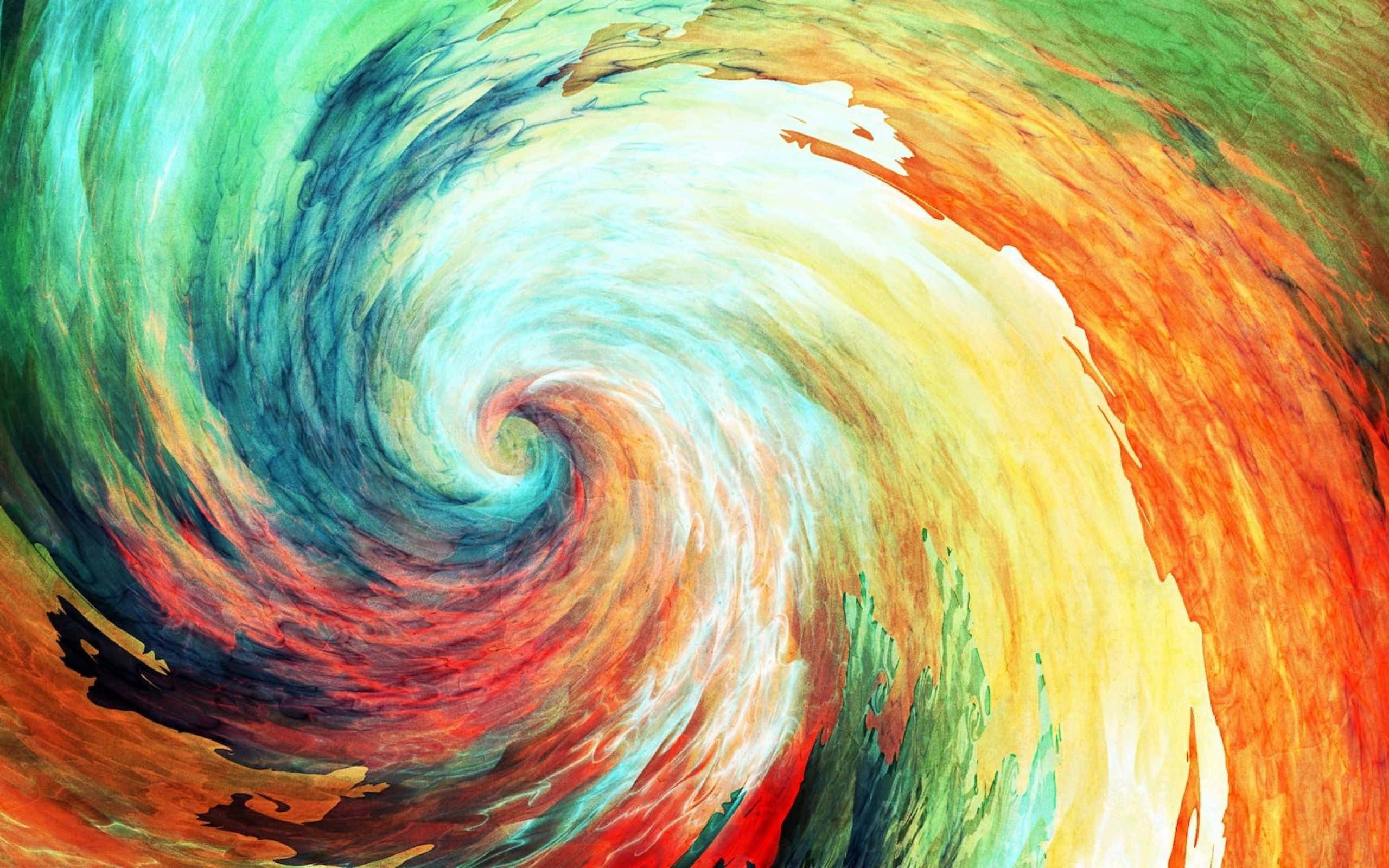 Colorful Abstract Art 桌布 壁紙 — 充滿活力的旋轉抽象藝術品，以青綠色、橙色、黃色和紅色的粗獷筆觸形成動態漩渦。