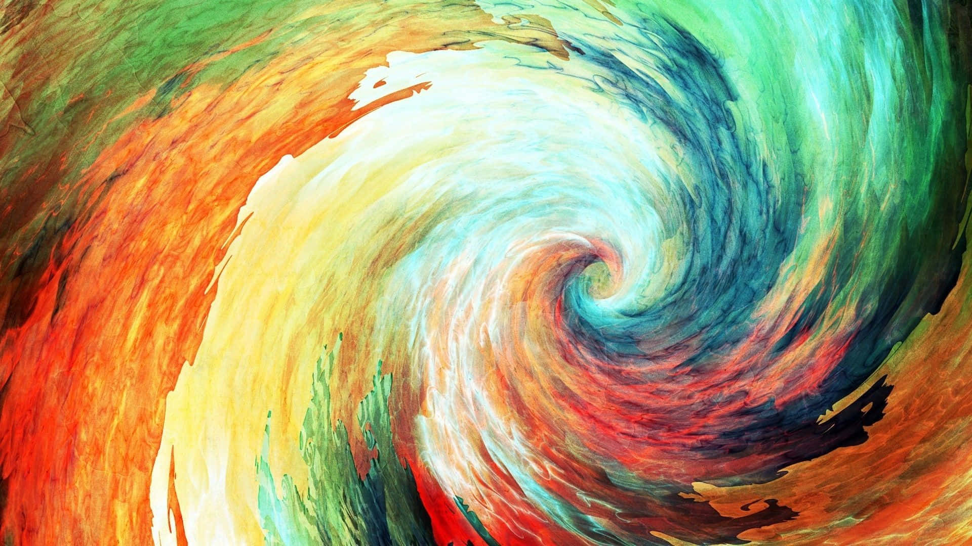 Contemporary Art 桌布 壁紙 — 充滿活力的旋轉抽象藝術品，火熱的橙紅色調融入冷色調的藍綠色和乳白色，以動態的筆觸呈現。
