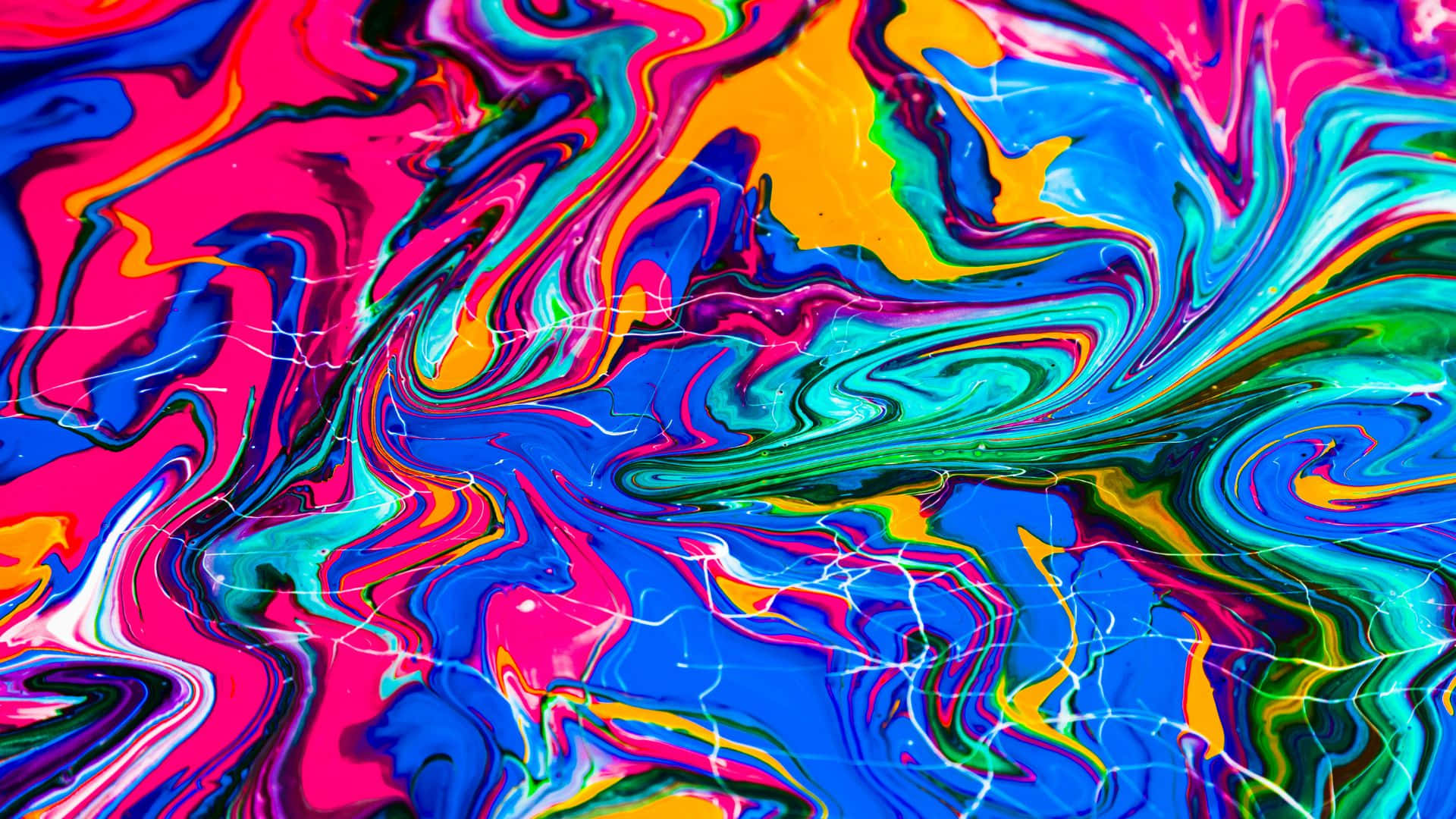 1920x1080 Marble 桌布 壁紙 — 充滿活力的旋轉抽象顏料，電光藍、粉紅和黃色在動態流體運動中融合。