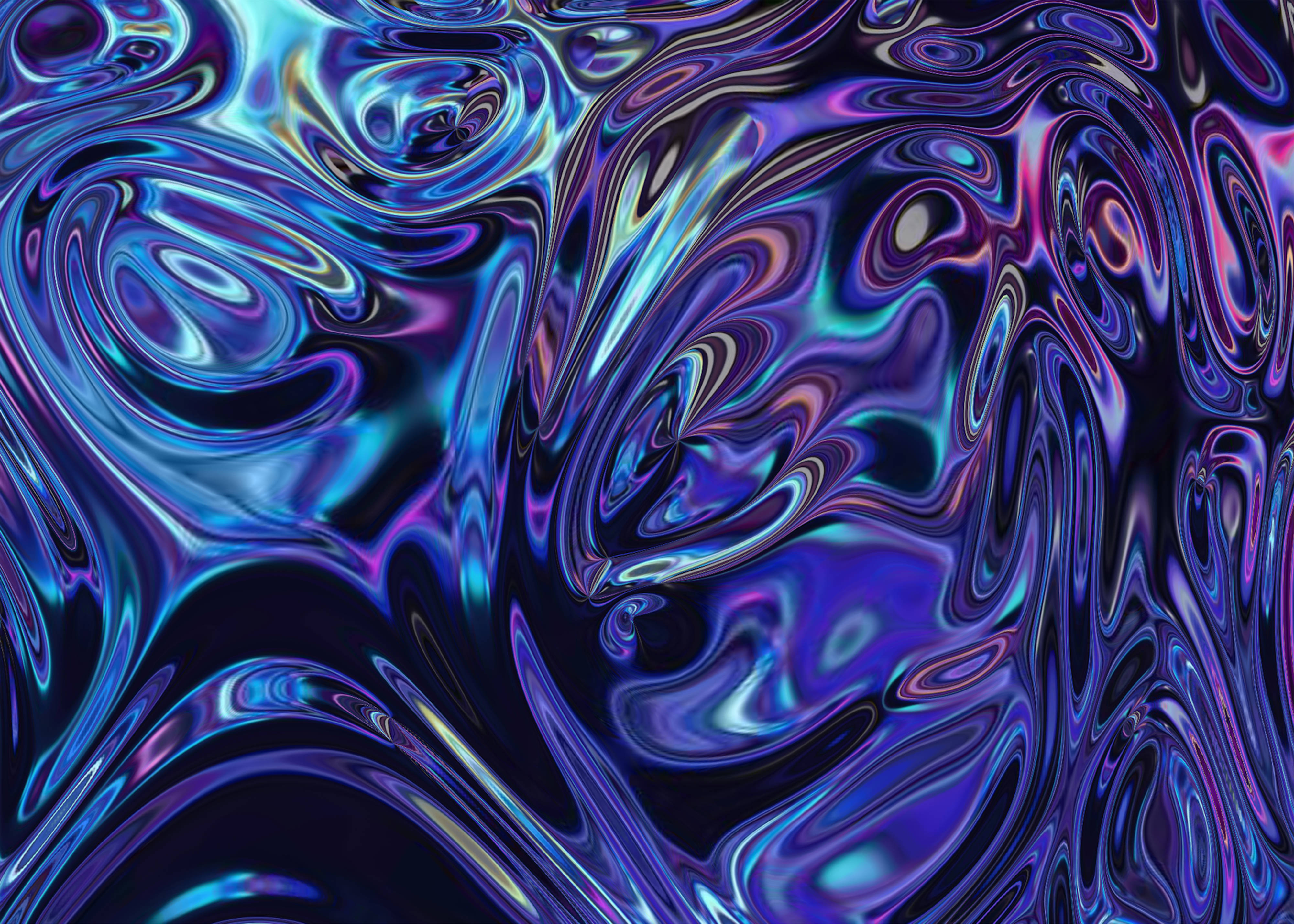 Holographic 桌布 壁紙 — 充滿活力的旋轉液態金屬，呈現電光藍、紫色和霓虹亮點，流動成迷人的有機圖案。