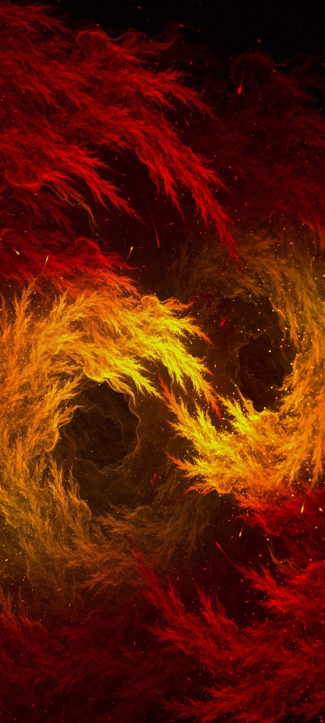 Flame 桌布 壁紙 — 充滿活力的旋轉火焰，以火紅和黃色在黑暗的宇宙背景下與發光的餘燼共舞。