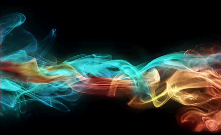Red Smoke Effect 桌布 壁紙 — 充滿活力的旋轉煙霧，以青綠色、橙色和黃色動態流動，映襯在純黑色背景上。