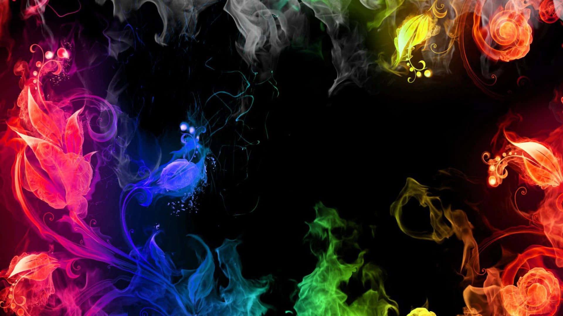 colors 桌布 壁紙 — 充滿活力的旋轉煙霧以彩虹色調在黑色背景上形成花卉圖案。