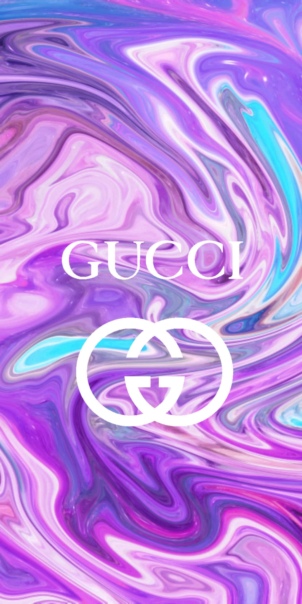 graphic design 桌布 壁紙 — 充滿活力的旋轉紫色和藍綠色大理石背景，中央有白色Gucci標誌。