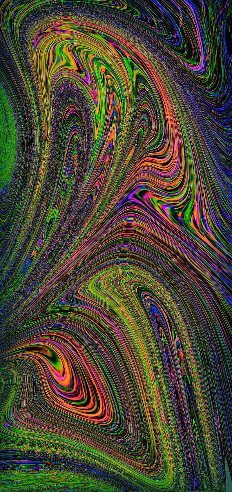 Psychedelic Colors 桌布 壁紙 — 充滿活力的旋轉迷幻圖案，以霓虹綠、紫和橙色動態地流過畫面。