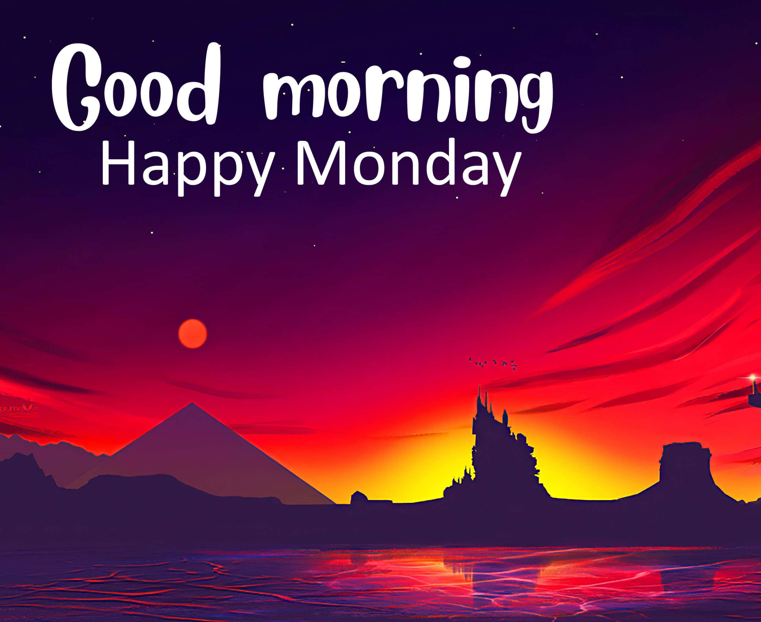 Monday 桌布 壁紙 — 充滿活力的日出，映襯著山脈和城堡的剪影，並帶有粗體白色的「早安，星期一快樂」文字。