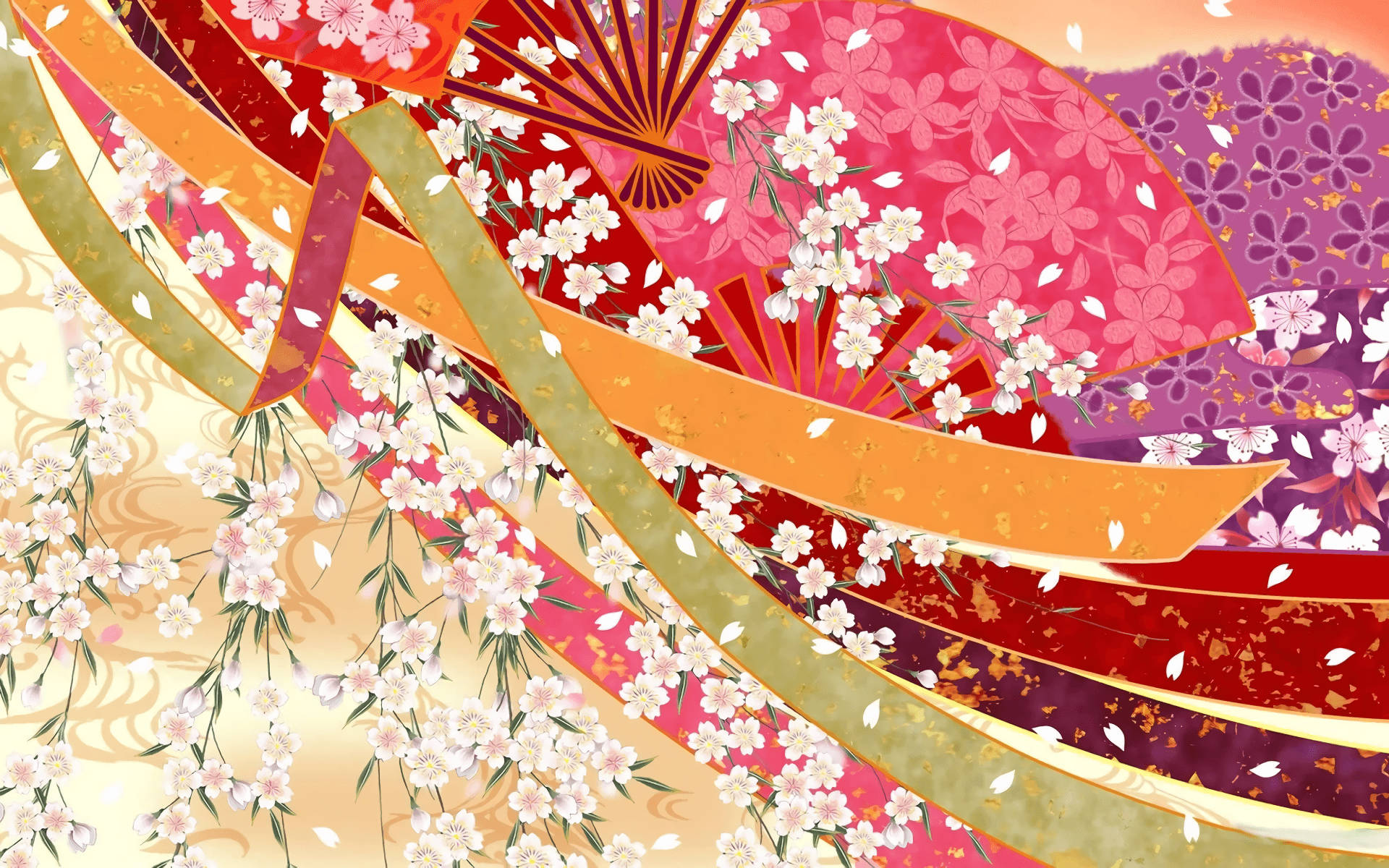 圖案 桌布 壁紙 — 充滿活力的日本扇子和櫻花在金色點綴和花卉圖案的動態多彩構圖中旋轉。