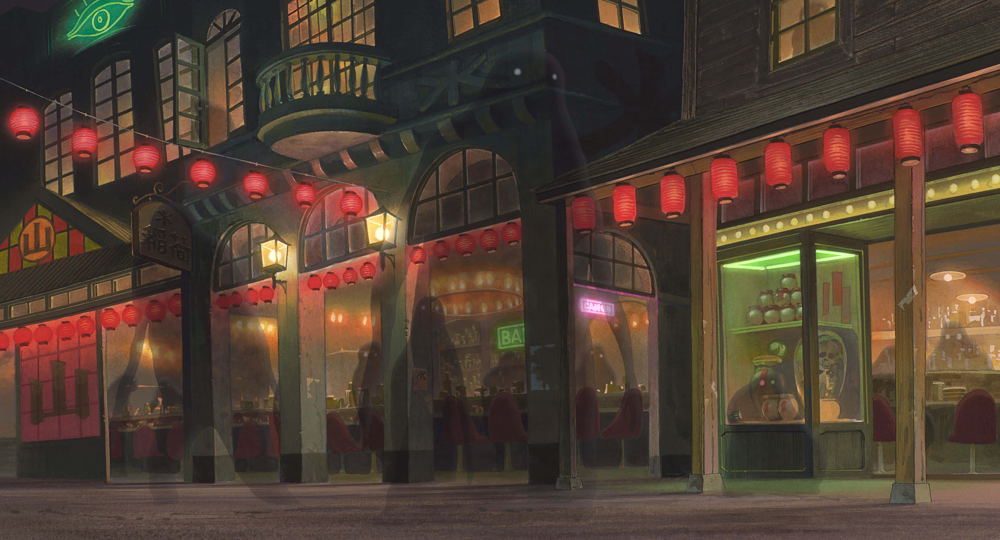 神隱少女 桌布 壁紙 — 充滿活力的日本街道夜景，紅色燈籠閃耀，溫暖的商店櫥窗反射在濕漉漉的人行道上。