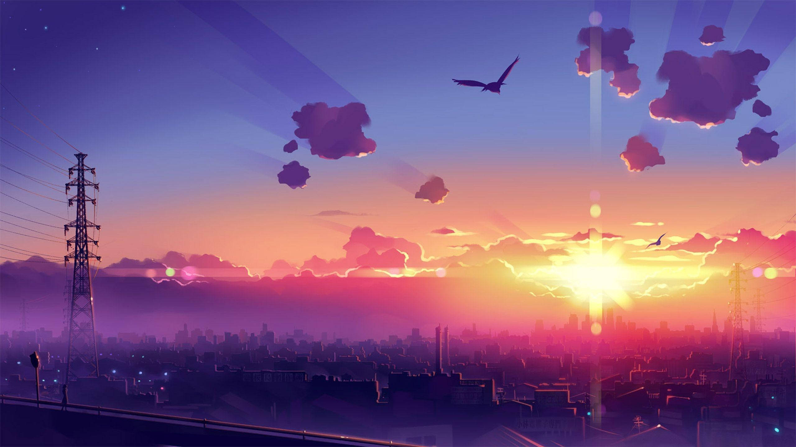 Aesthetic Anime Scenery 桌布 壁紙 — 充滿活力的日落，城市景觀中紫色、粉紅色和橙色的色調穿過雲層和剪影的電線發光。