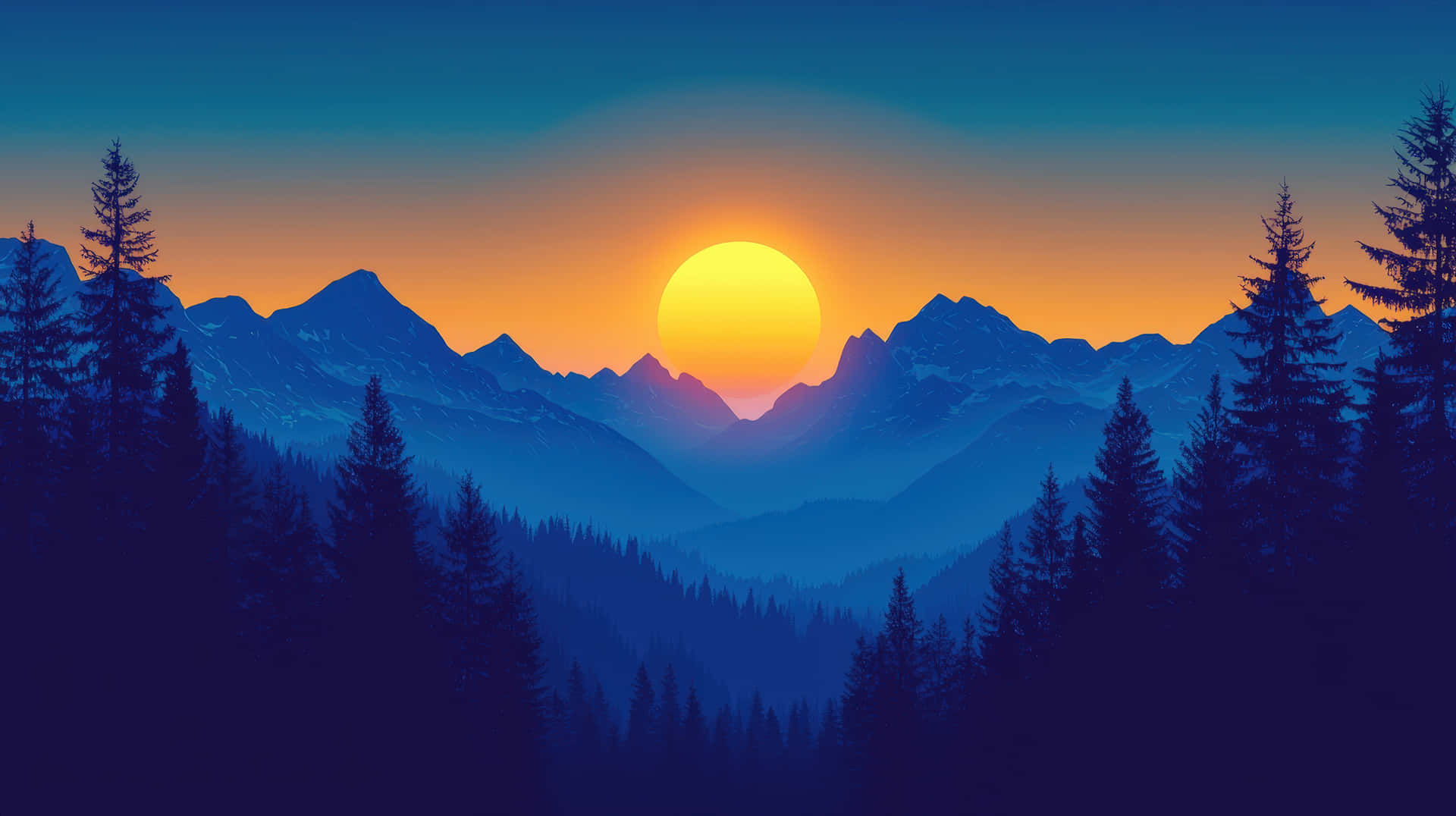 Colorful Sunset Over Majestic Mountain Peaks 壁紙 — 充滿活力的日落，發光的橙色太陽落在白雪覆蓋的山峰後面，周圍環繞著深色松樹。