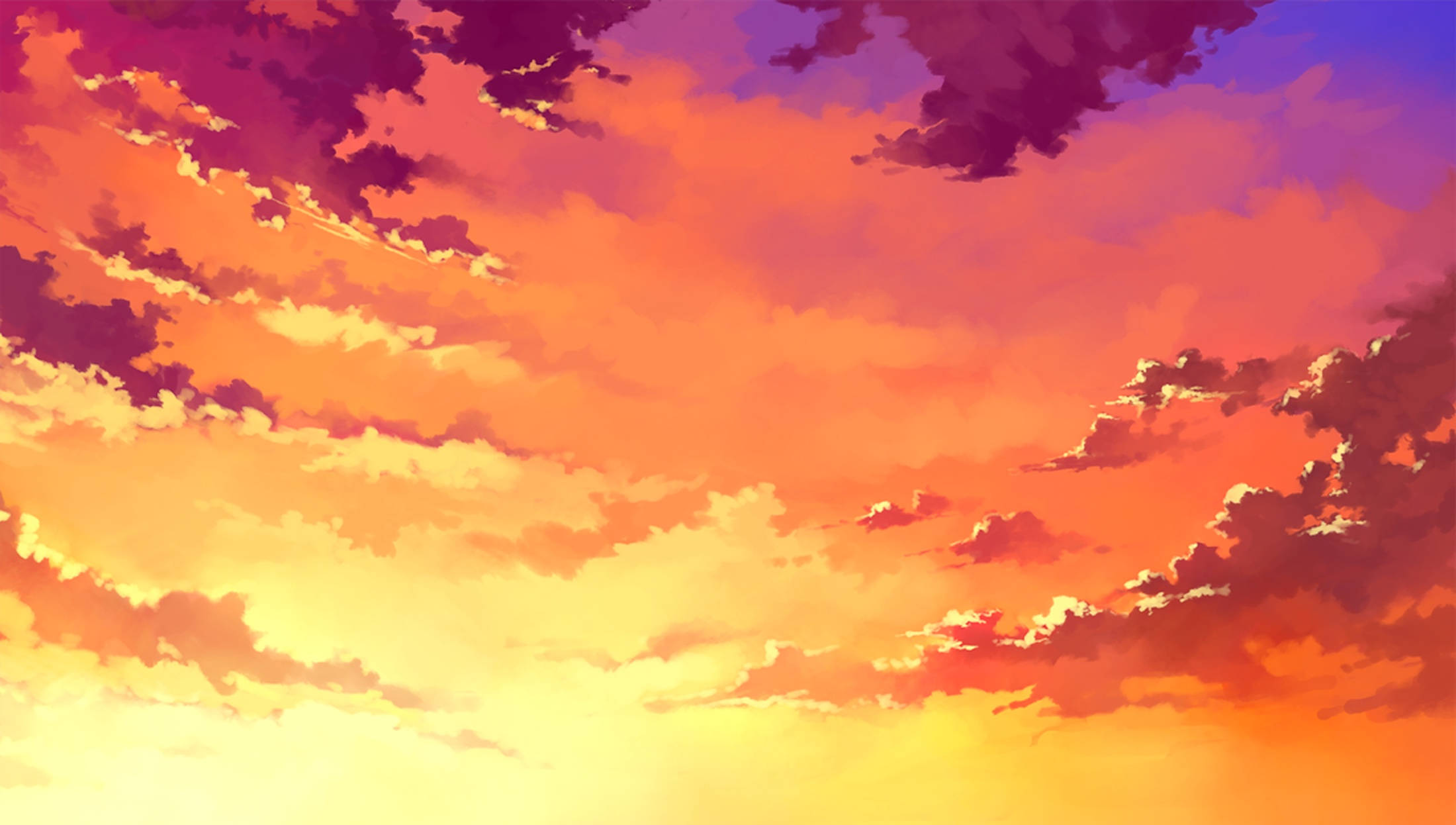 夕陽天空 桌布 壁紙 — 充滿活力的日落天空，以柔和的動漫風格繪有火熱的橙色、黃色和深紫色雲彩。