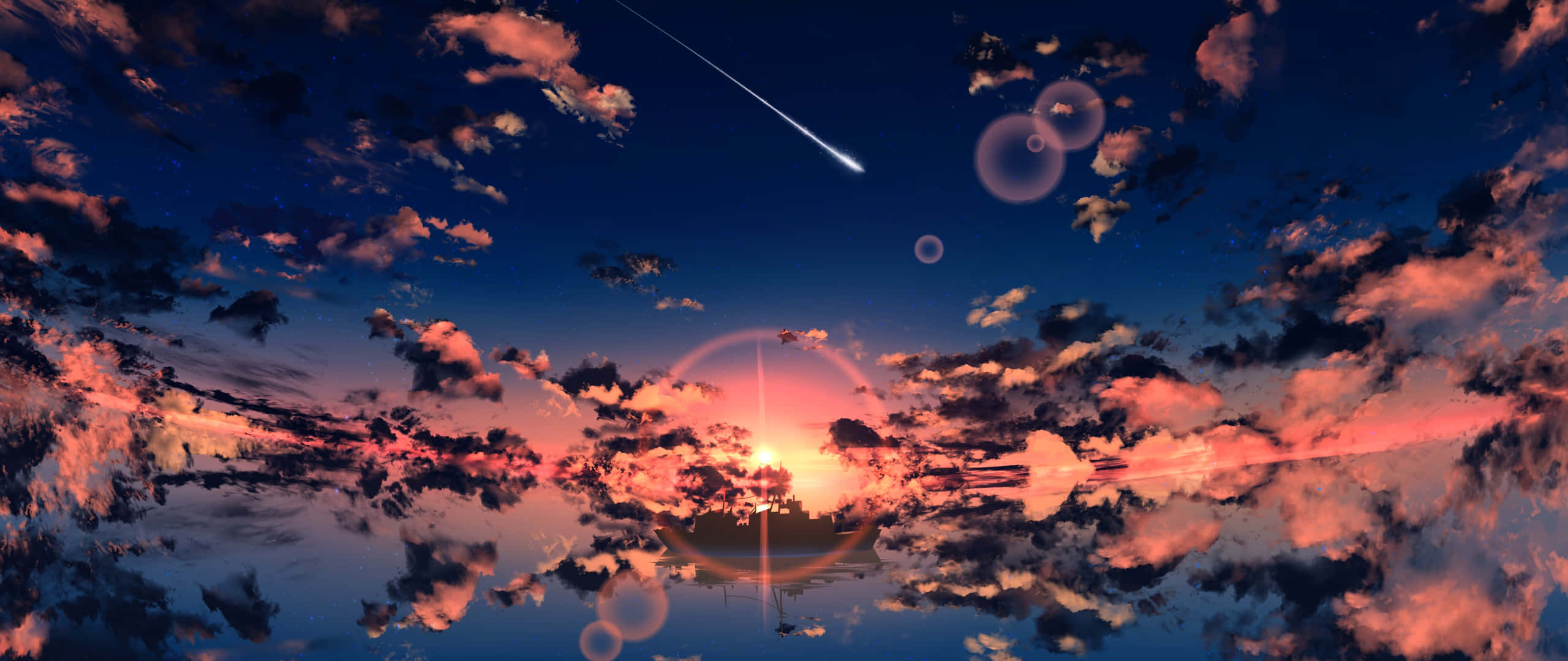 Art 2560x1080 桌布 壁紙 — 充滿活力的日落天空，粉紅色和橙色的雲彩倒映在水中，一顆流星劃過頭頂，帶有鏡頭光暈。