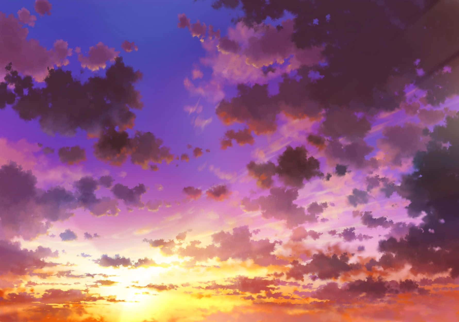 Anime Sunset 桌布 壁紙 — 充滿活力的日落天空，繪有紫色、粉紅色和橙色的雲彩，在明亮的太陽上方發光。