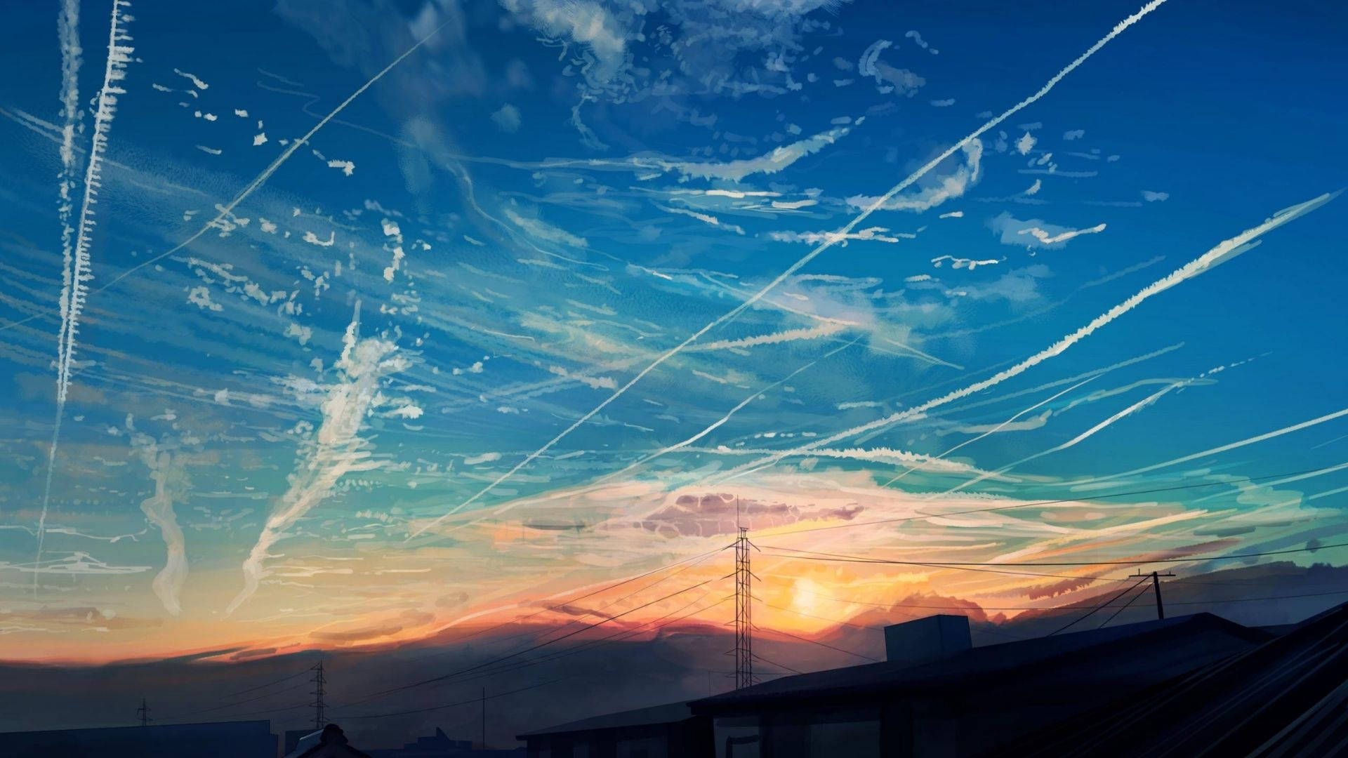 View 桌布 壁紙 — 充滿活力的日落天空，飛機尾跡和縷縷雲彩劃過天際，下方是剪影般的城市屋頂。