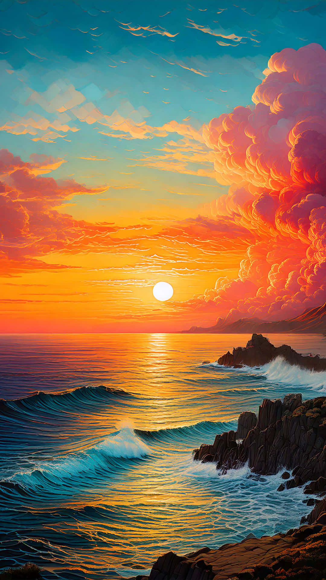Sunset Ocean 壁紙 — 充滿活力的日落將天空染成火熱的橙色和粉紅色，海浪拍打著黑暗的岩石海岸。
