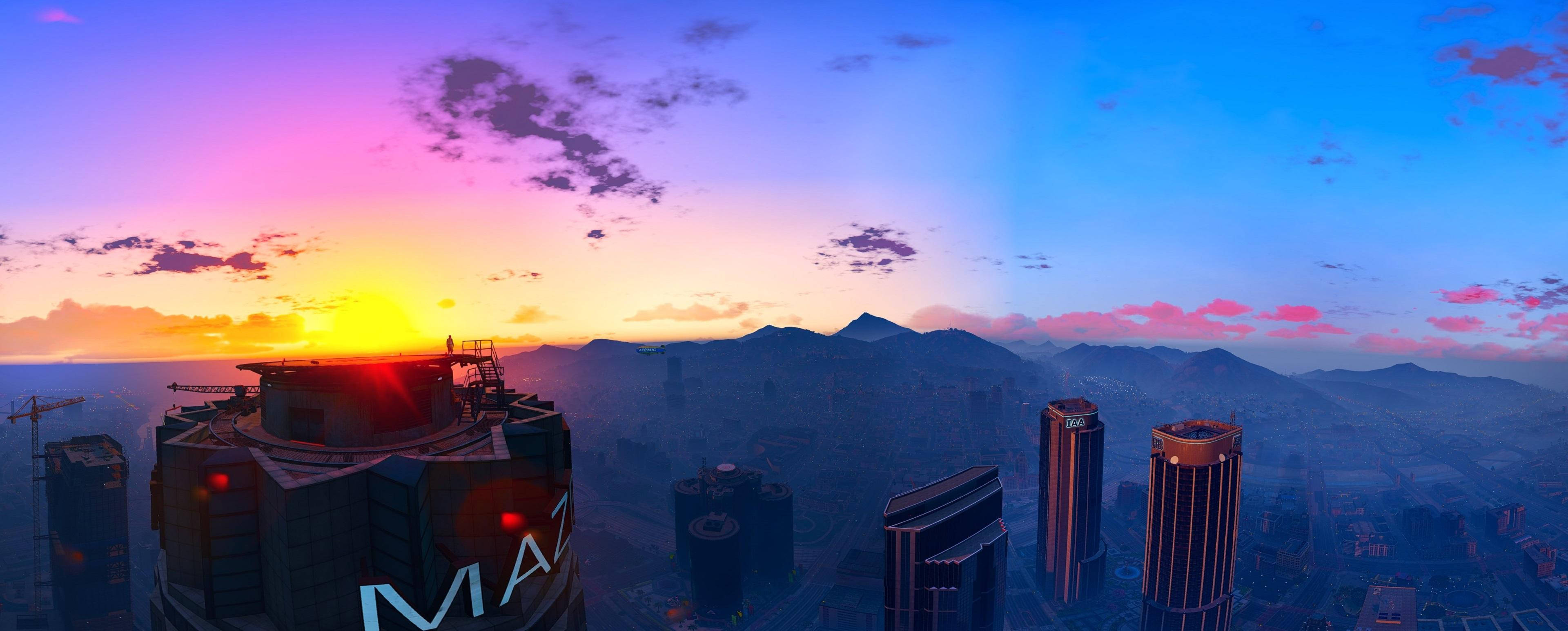 4K gta 5 桌布 壁紙 — 充滿活力的日落將天空染成粉紅色和橙色的色調，映照在未來主義的城市景觀上，高聳的摩天大樓和遠處的山脈。