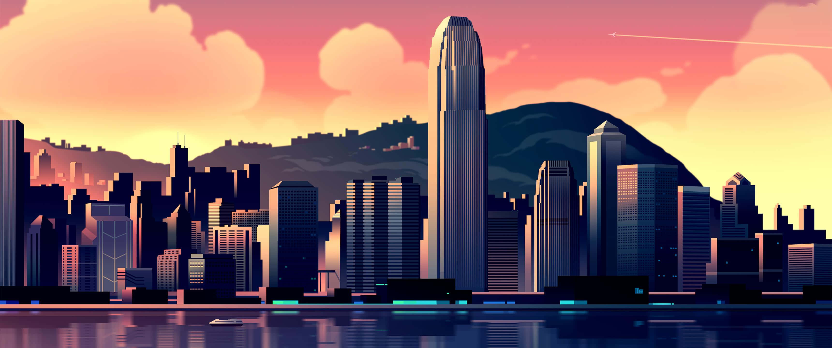 Skyscraper 桌布 壁紙 — 充滿活力的日落將密集的城市天際線染上粉紅、橙色和紫色的色調，並在平靜的水面上反射。