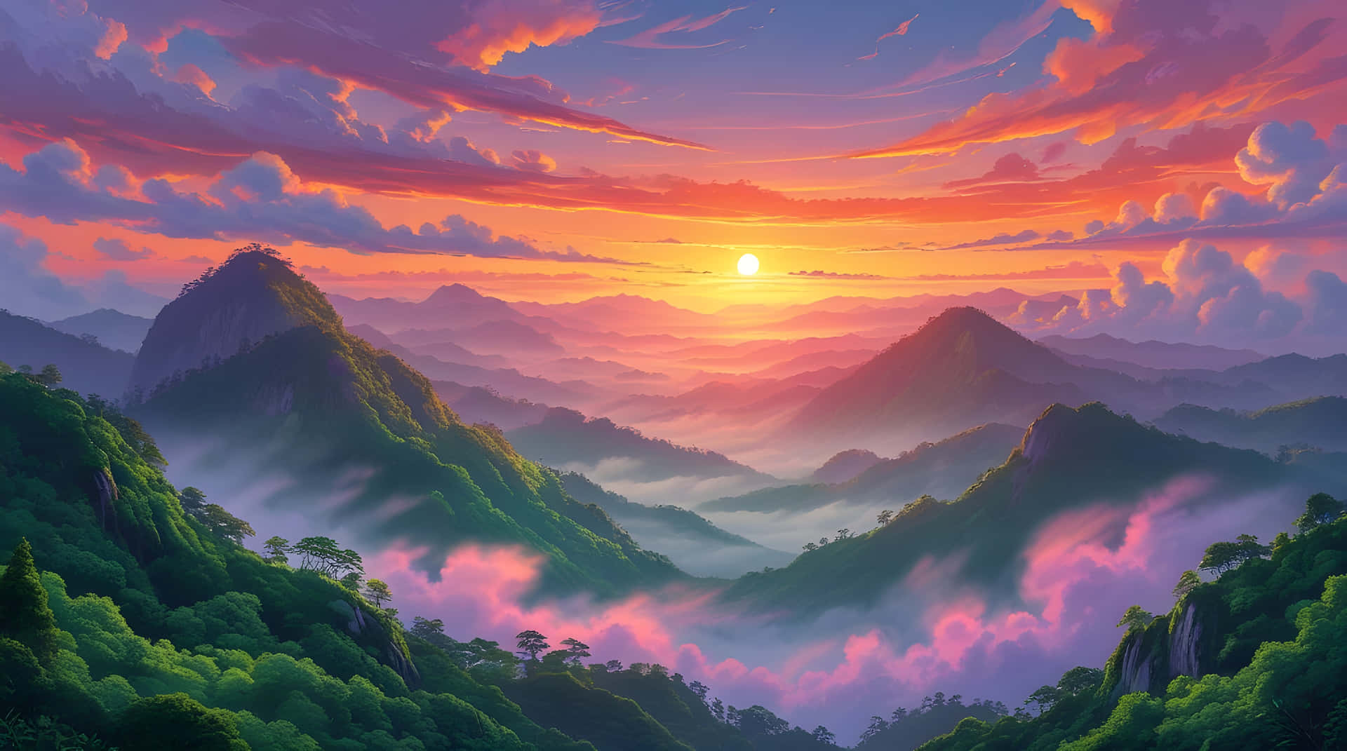 The beautiful view of green hill 壁紙 — 充滿活力的日落將山頂和霧氣瀰漫的山谷塗上火熱的橙色、粉紅色和紫色色調。