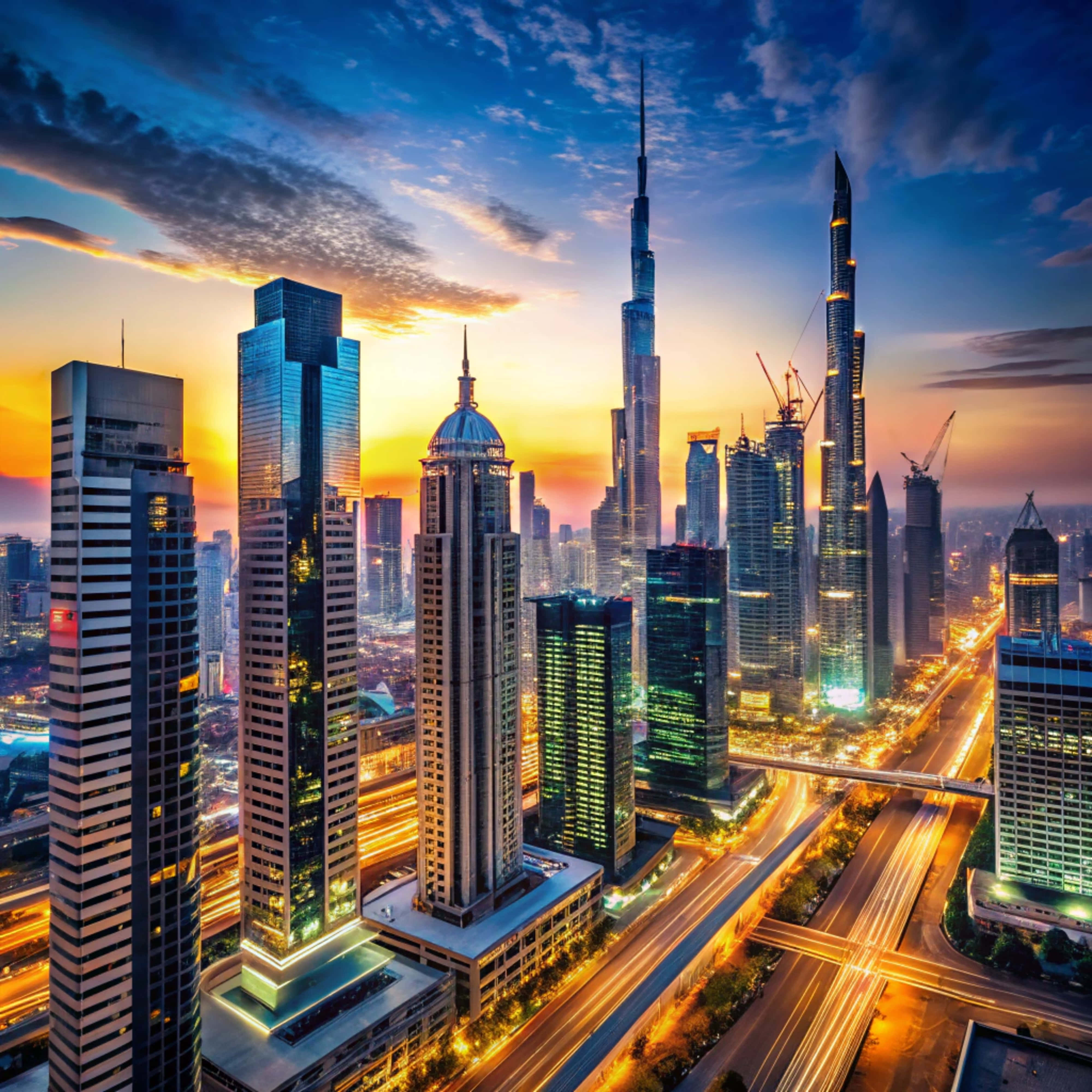 Skyscraper 桌布 壁紙 — 充滿活力的日落照亮了杜拜的天際線，高聳的摩天大樓和下方閃爍的高速公路。