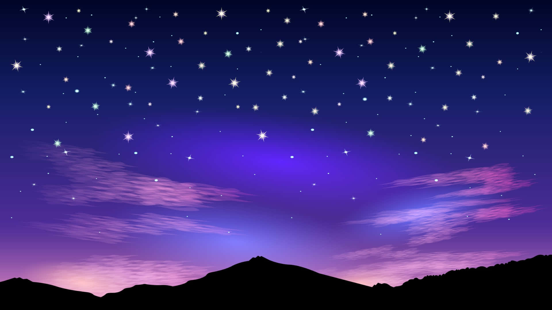 Starry Sky 桌布 壁紙 — 充滿活力的星空夜景，紫色和藍色漸變在剪影山頂之上。