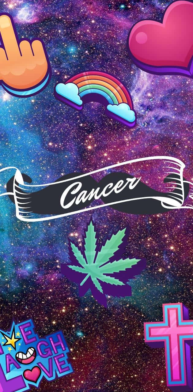 Cancer Zodiac Sign 桌布 壁紙 — 充滿活力的星系壁紙，帶有霓虹表情符號和符號，包括彩虹心、大麻葉和寫有Cancer的橫幅。