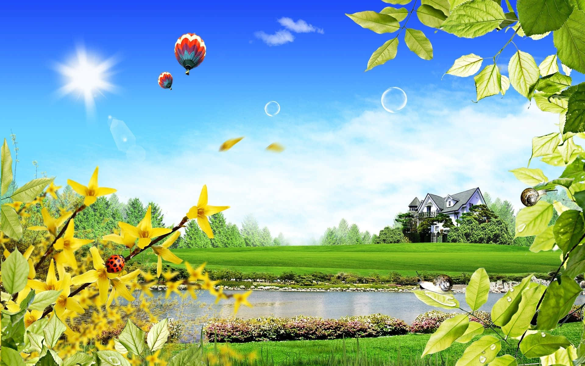 自然 桌布 壁紙 — 充滿活力的春天場景，熱氣球漂浮在翠綠的田野上空，旁邊是一個池塘，周圍環繞著黃色的連翹和新鮮的樹葉。