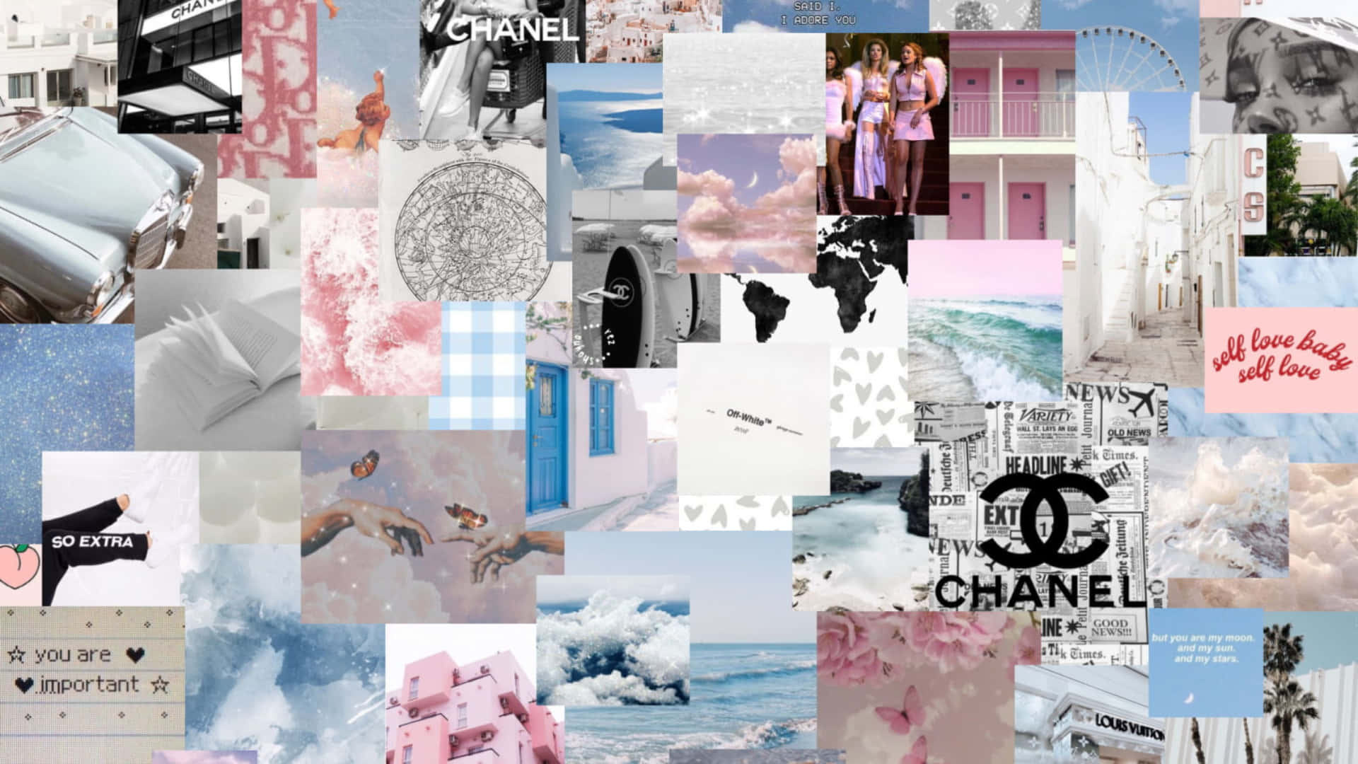 Aesthetic Collage Desktop 桌布 壁紙 — 充滿活力的時尚、奢華旅行和海灘場景拼貼畫，採用粉紅、藍和白色調。