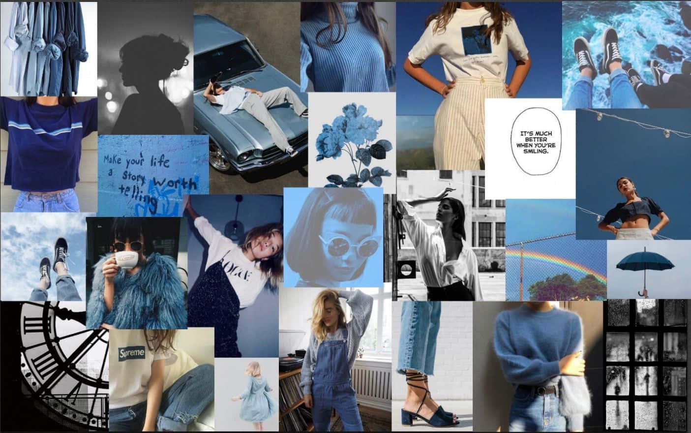Macbook Collage 桌布 壁紙 — 充滿活力的時尚與生活風格瞬間拼貼， featuring 牛仔褲、藍色毛衣、復古汽車和彩虹天空。