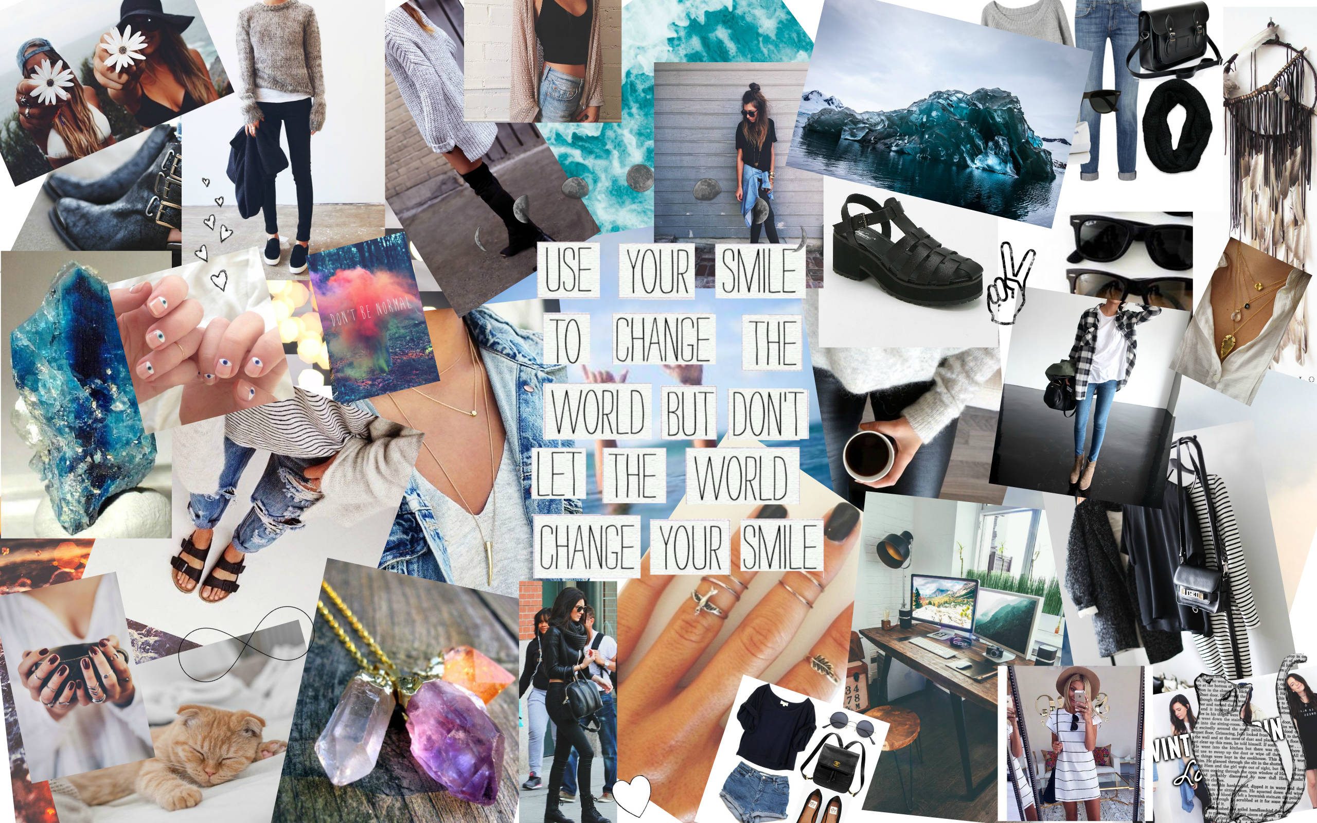 Cute Collage 桌布 壁紙 — 充滿活力的時尚配飾、珠寶和生活瞬間拼貼，中間有勵志語錄。
