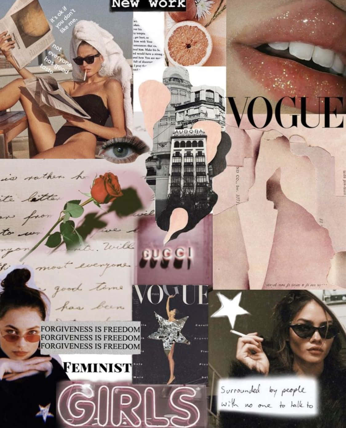 Boujee 桌布 壁紙 — 充滿活力的時尚雜誌剪貼、閃亮嘴唇、玫瑰和粉紅色與黑色調的粗體文字拼貼。