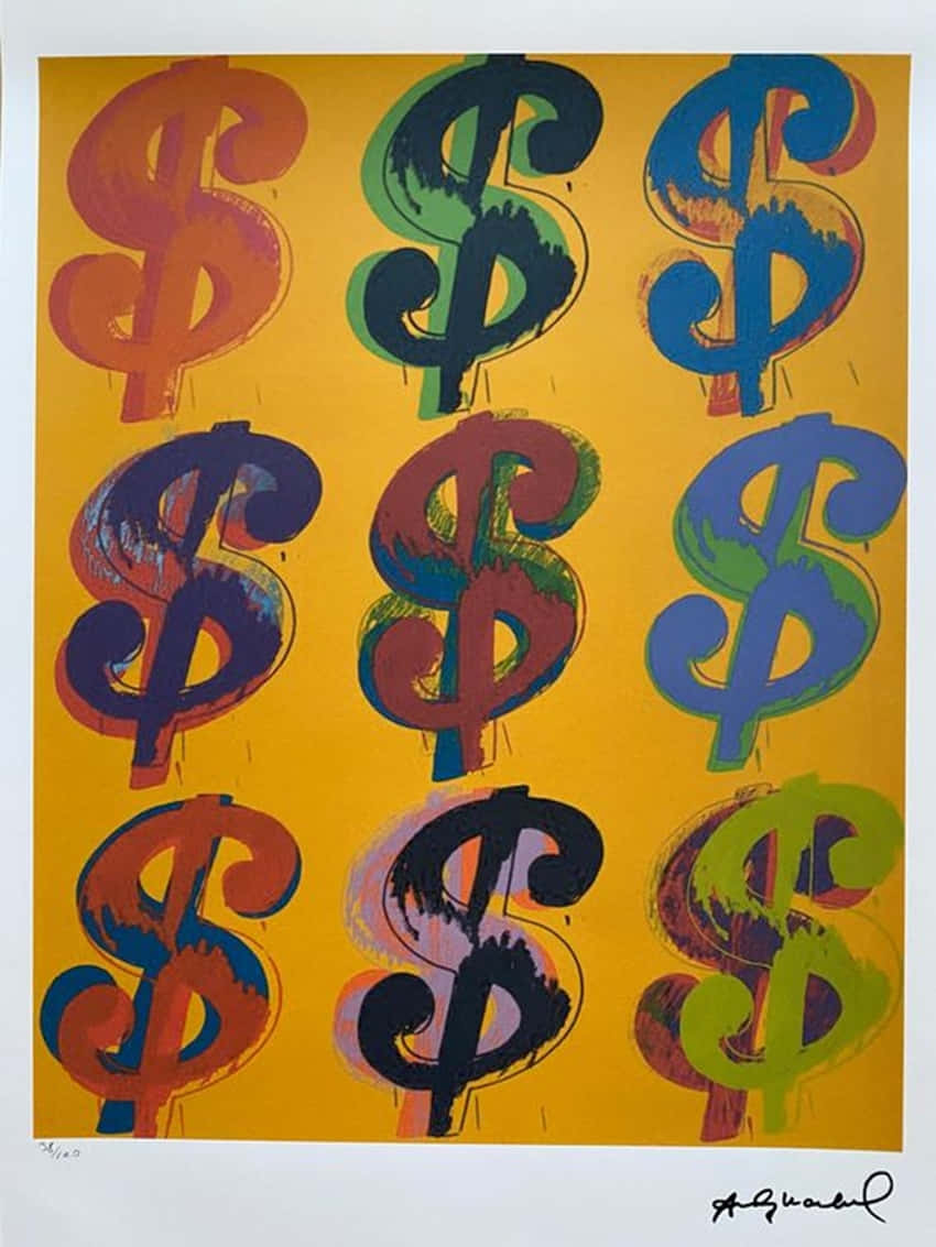 Painting 桌布 壁紙 — 充滿活力的普普藝術印刷品，在黃色背景上以多種顏色呈現九個大膽的美元符號。