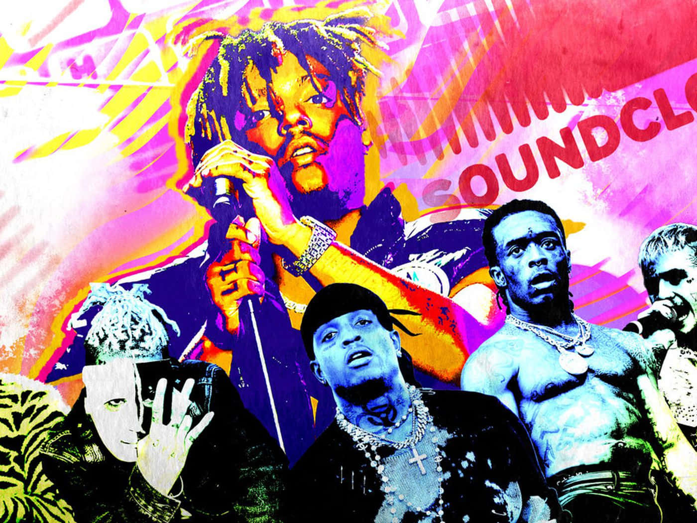 Rap 桌布 壁紙 — 充滿活力的普普藝術拼貼，描繪饒舌歌手以鮮豔的霓虹色彩和動態圖形效果表演。