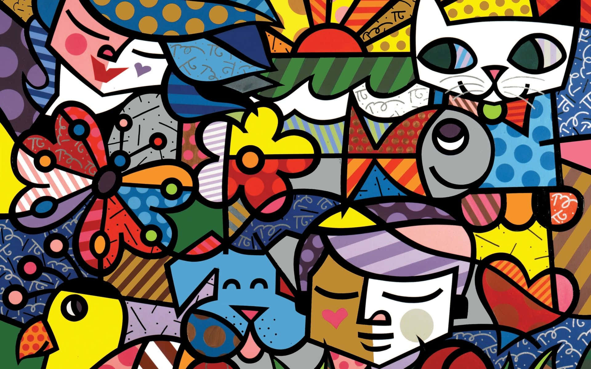 Cartoon Art 桌布 壁紙 — 充滿活力的普普藝術拼貼畫，以大膽的幾何圖案和鮮豔色彩呈現風格化的動物、花朵和面孔。