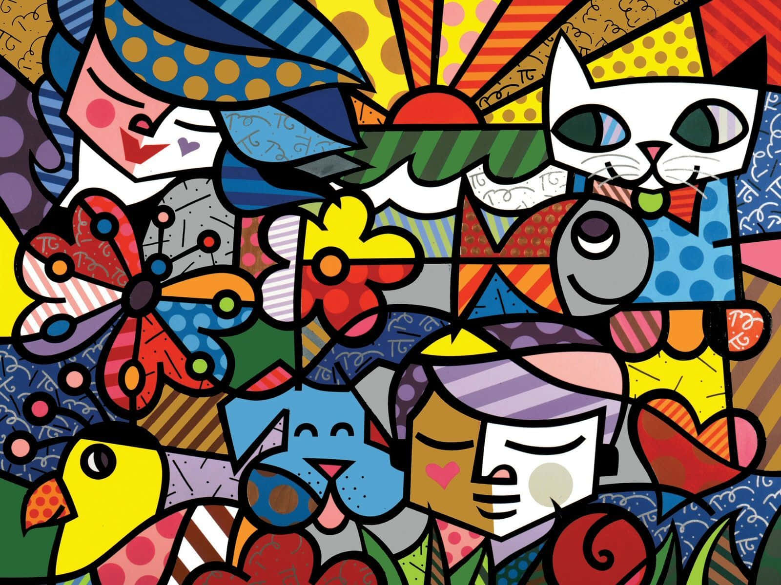 Contemporary Art 桌布 壁紙 — 充滿活力的普普藝術拼貼畫，包含風格化的動物和面孔，搭配大膽圖案和鮮豔色彩。