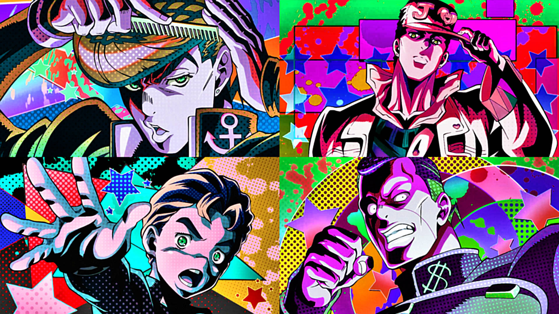 Jojo 桌布 壁紙 — 充滿活力的普普藝術拼貼畫，四個動漫角色以鮮豔色彩和動感姿勢呈現在圖案背景上。
