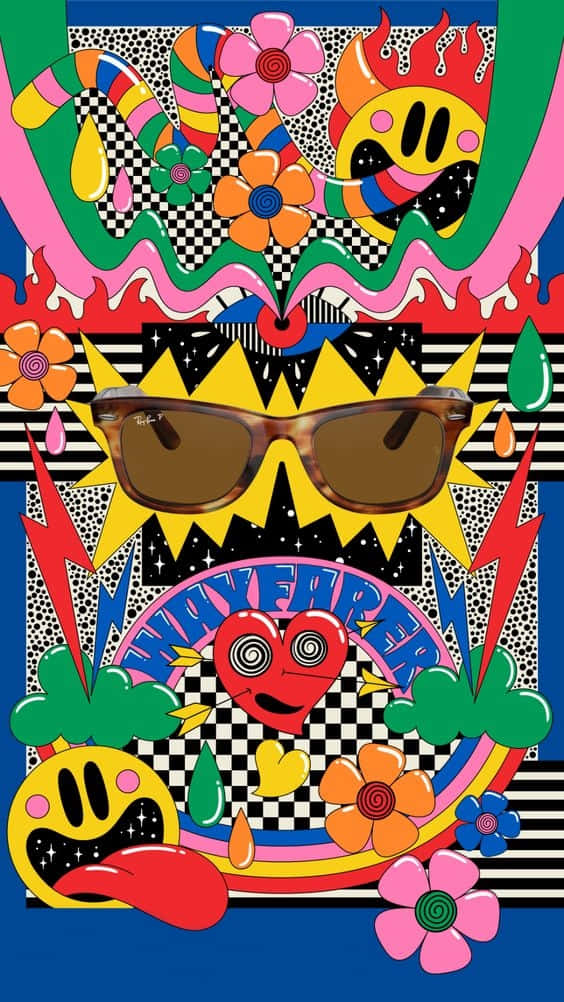 70s Hippie 桌布 壁紙 — 充滿活力的普普藝術拼貼畫，太陽眼鏡位於中心，周圍環繞著花朵、火焰和笑臉，背景為格紋。